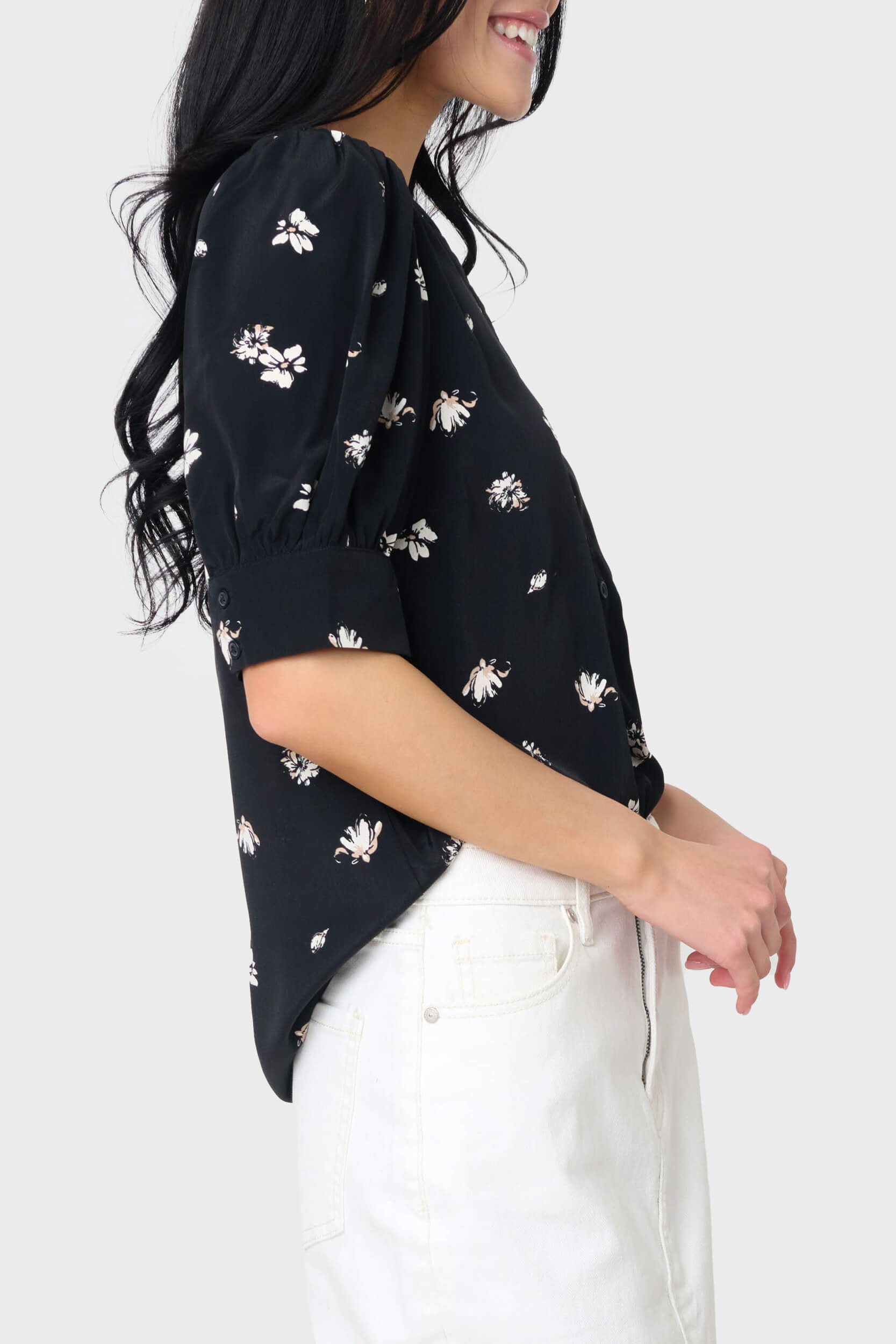 Woven Henley Blouse With Puff Sleeve