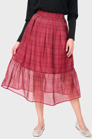 Festive Plaid Organza Tiered Midi Skirt