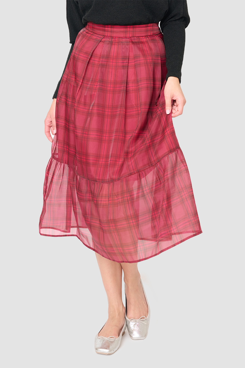 Festive Plaid Organza Tiered Midi Skirt