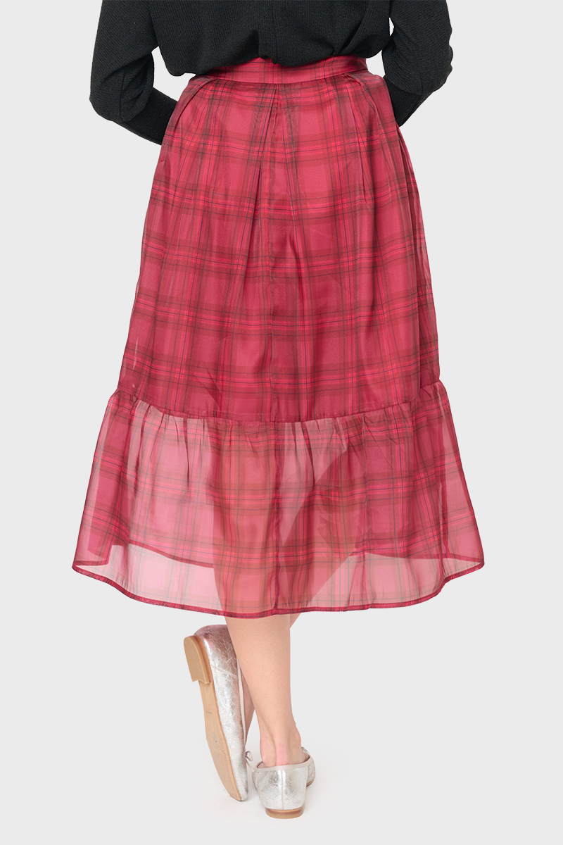 Festive Plaid Organza Tiered Midi Skirt