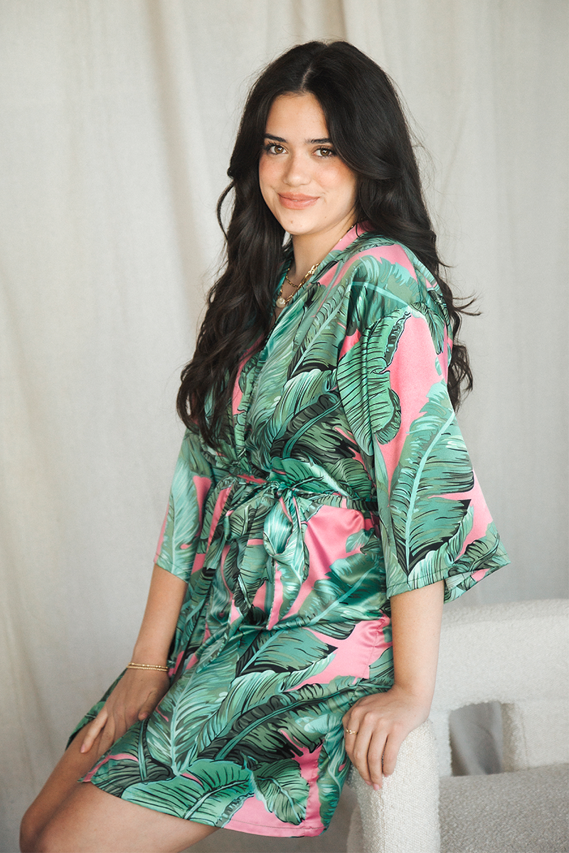 Pink Banana Leaf Satin Robe | Includes Plus Size