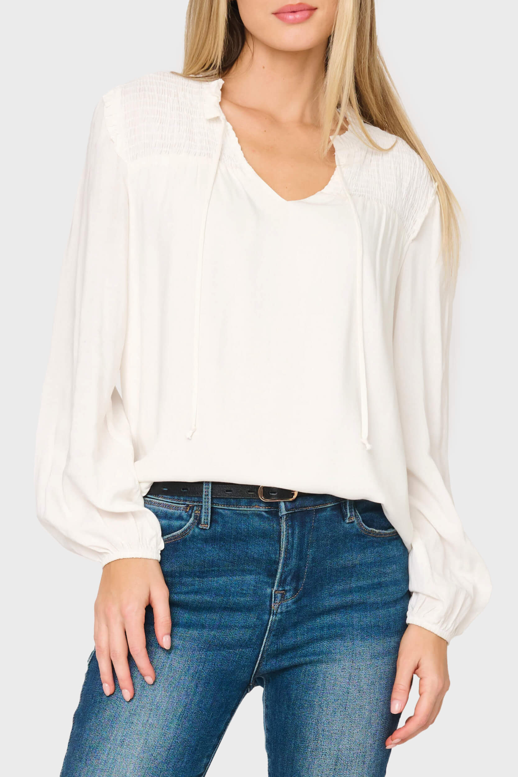 Smocked Yoke Tie Neck Blouson Sleeve Blouse