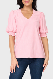 Clip Dot Elbow Puff Sleeve V-neck