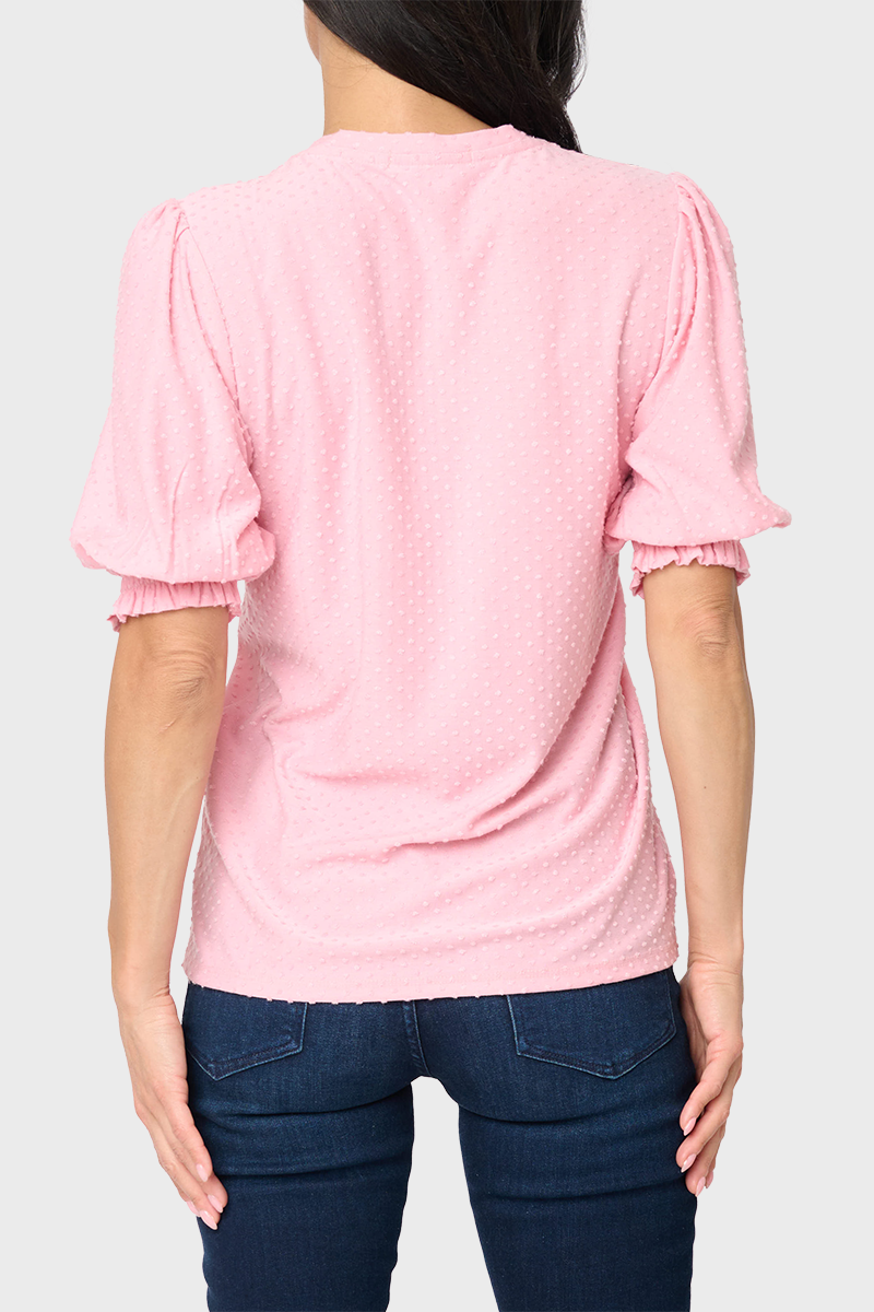 Clip Dot Elbow Puff Sleeve V-neck