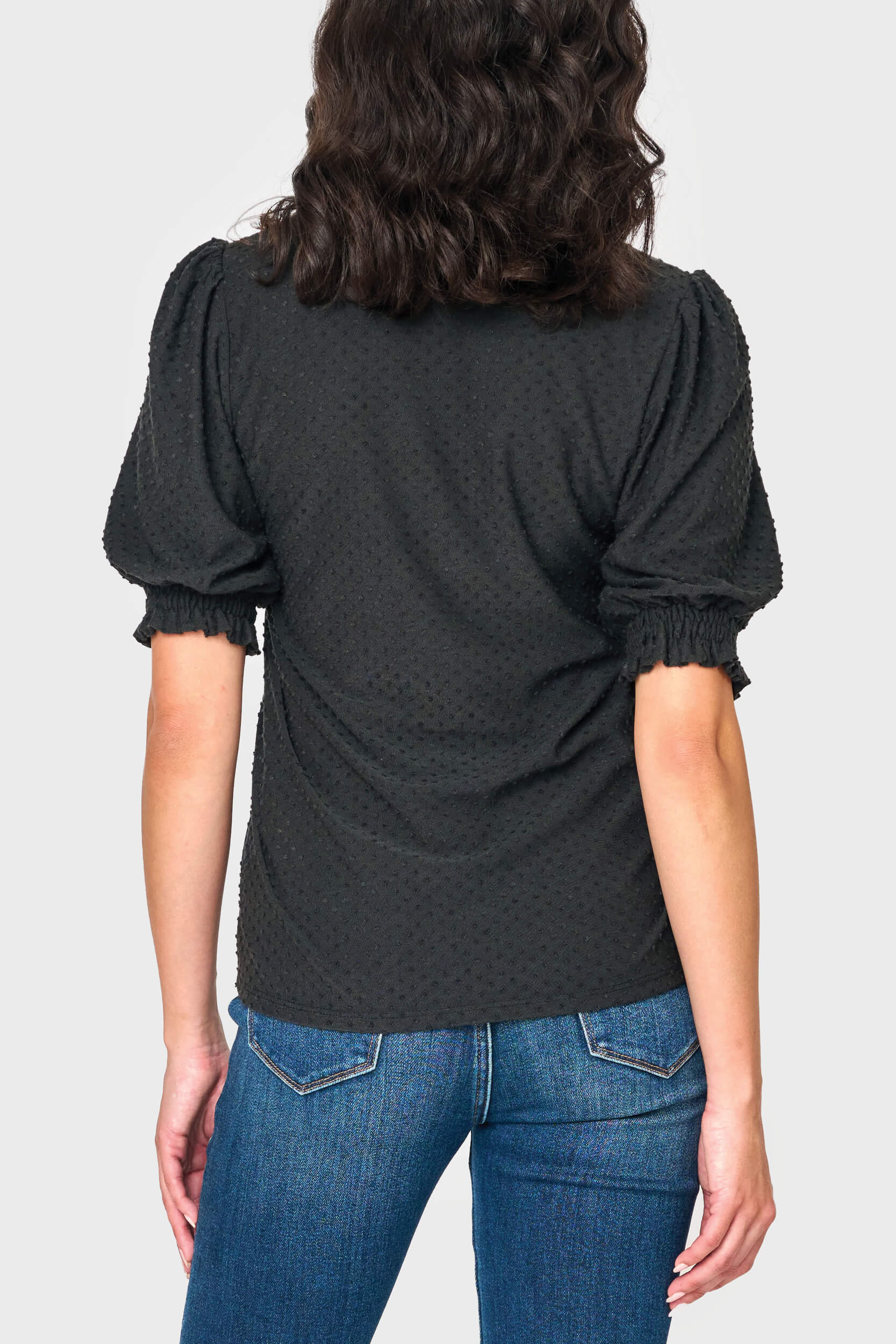 Clip Dot Elbow Puff Sleeve V-neck