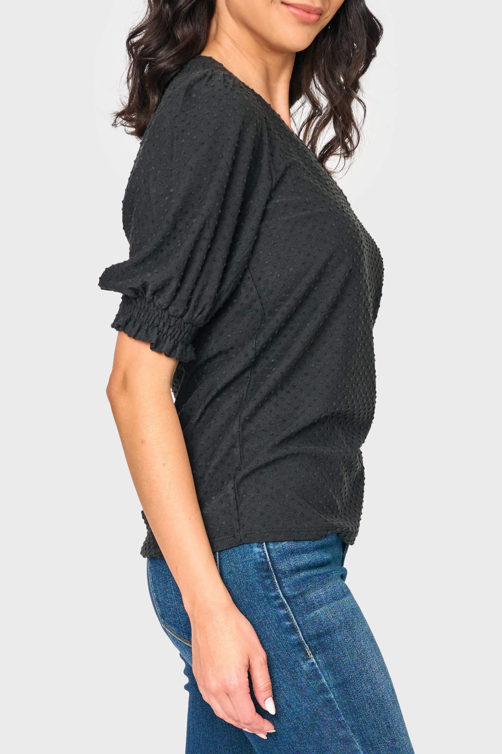 Clip Dot Elbow Puff Sleeve V-neck