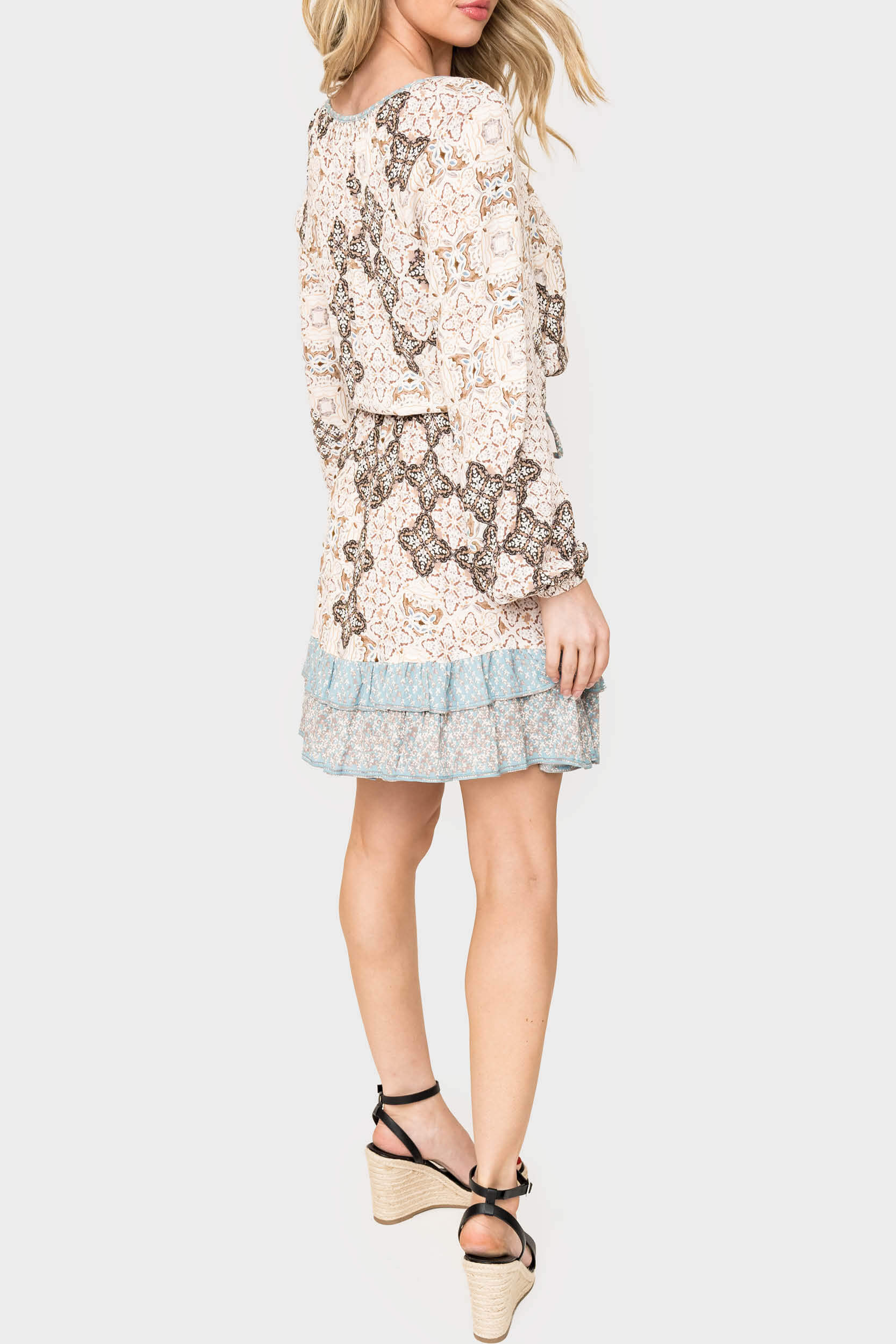 Boho Mixed Print Drawstring Ruffle Dress