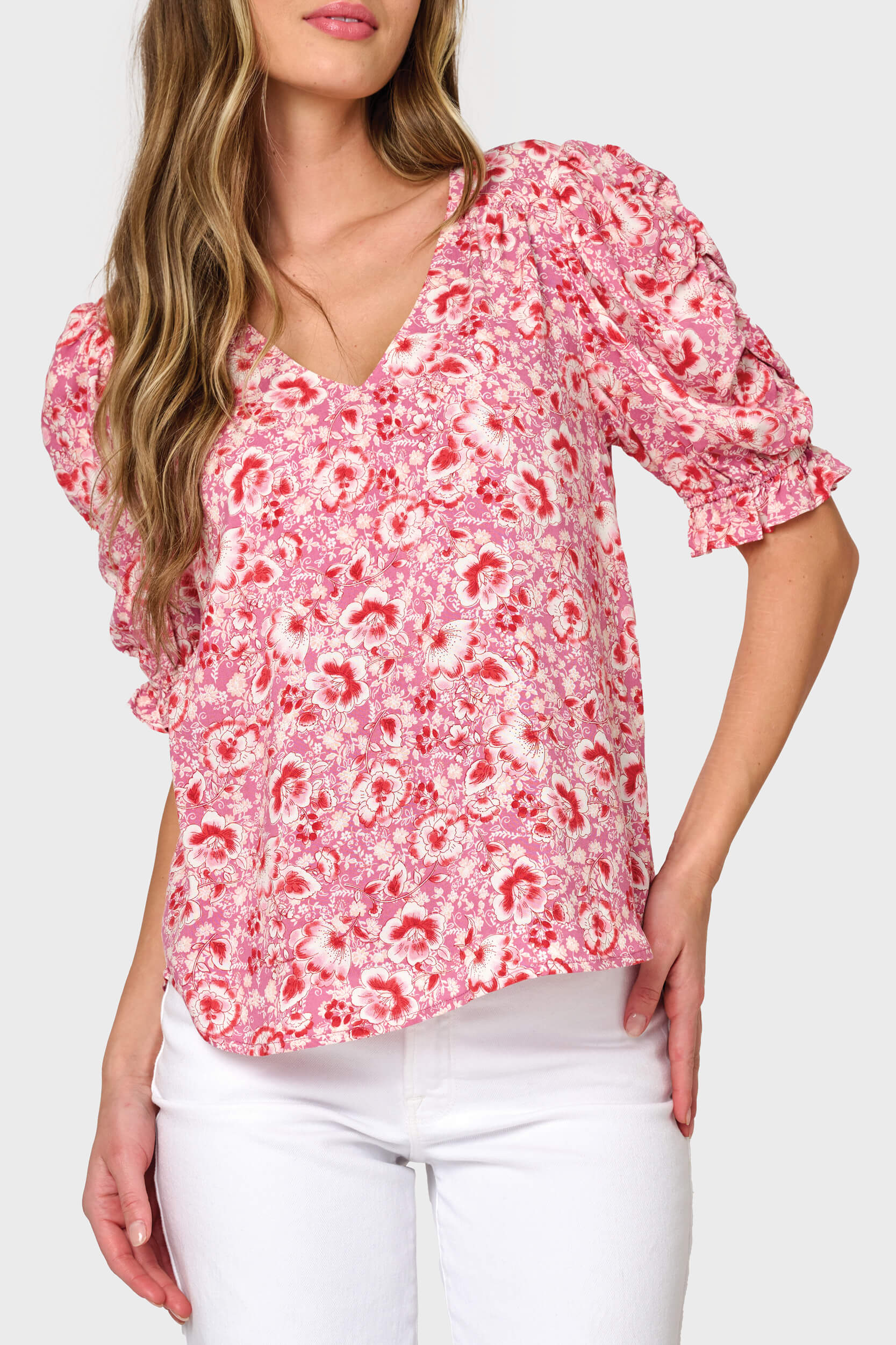 Rouched Sleeve V-neck Blouse