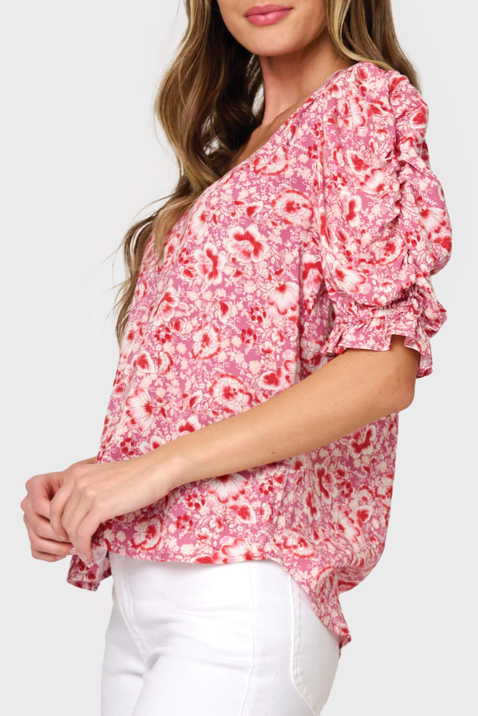 Rouched Sleeve V-neck Blouse
