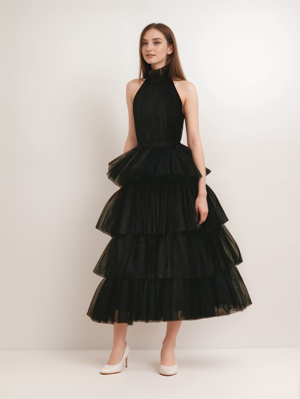 Ruffle Layered Tulle Hem Haltered A-line Tutu French Style Long Prom Dress