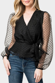 Surplice Wrap Top With Organza Dot Sleeve