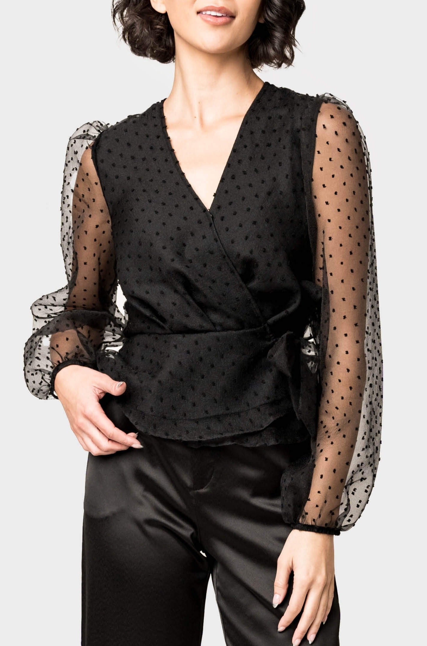 Surplice Wrap Top With Organza Dot Sleeve