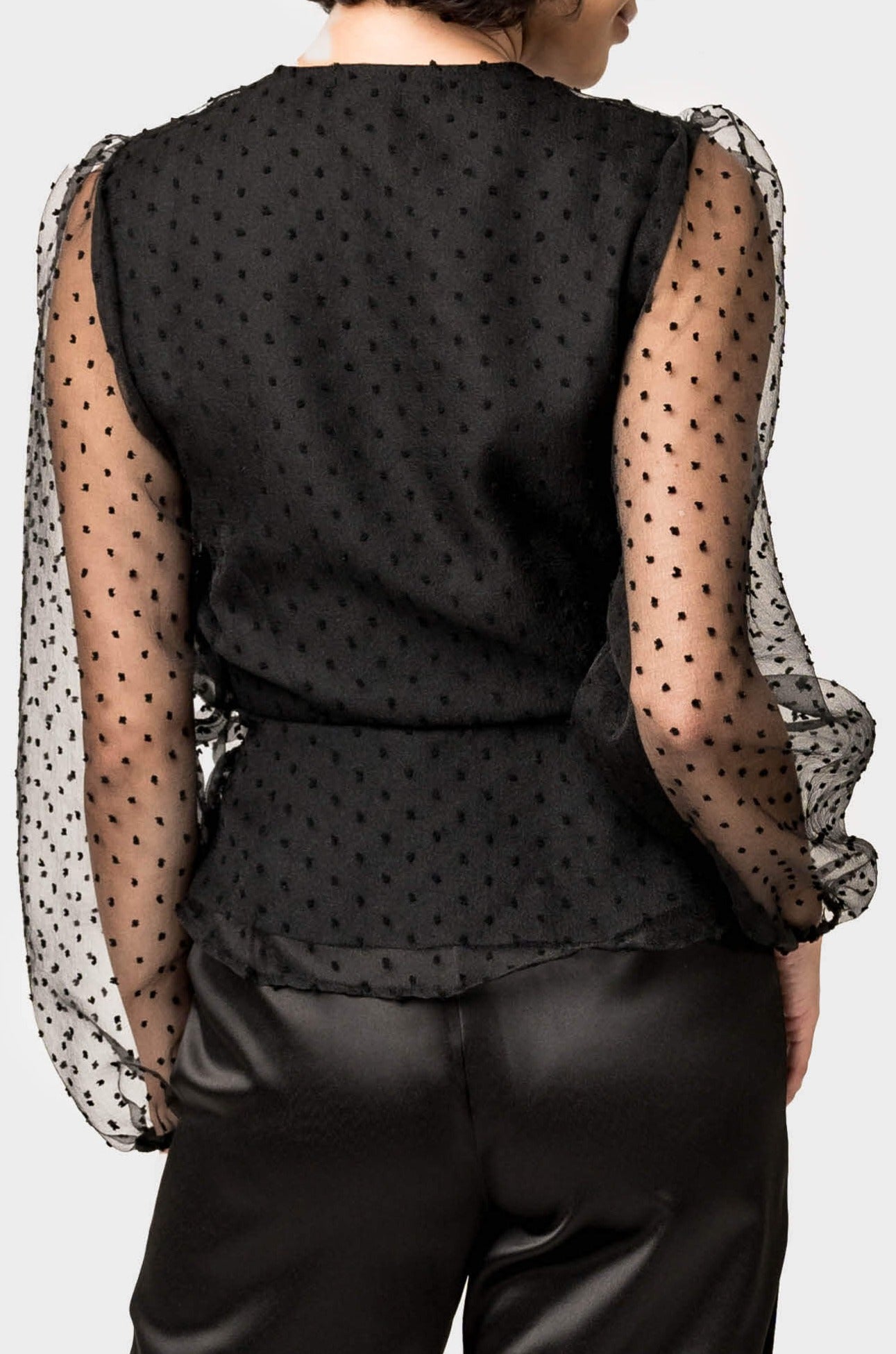 Surplice Wrap Top With Organza Dot Sleeve