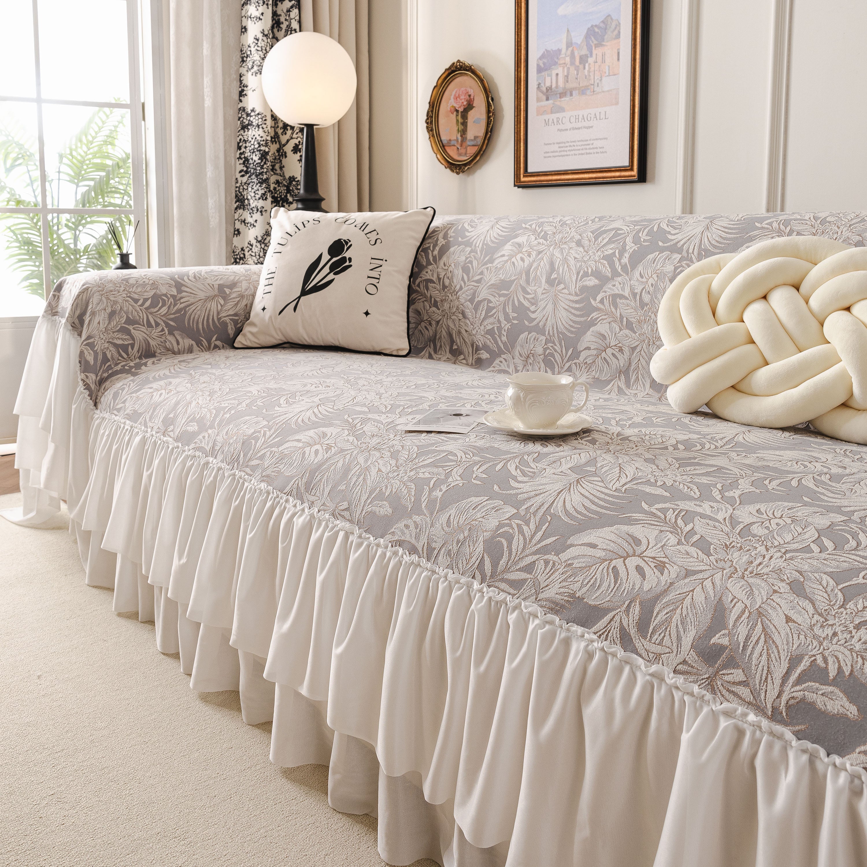 French Chic Style Ruffle Floral Cover Throws For Sofas, Decorative Couch Covers