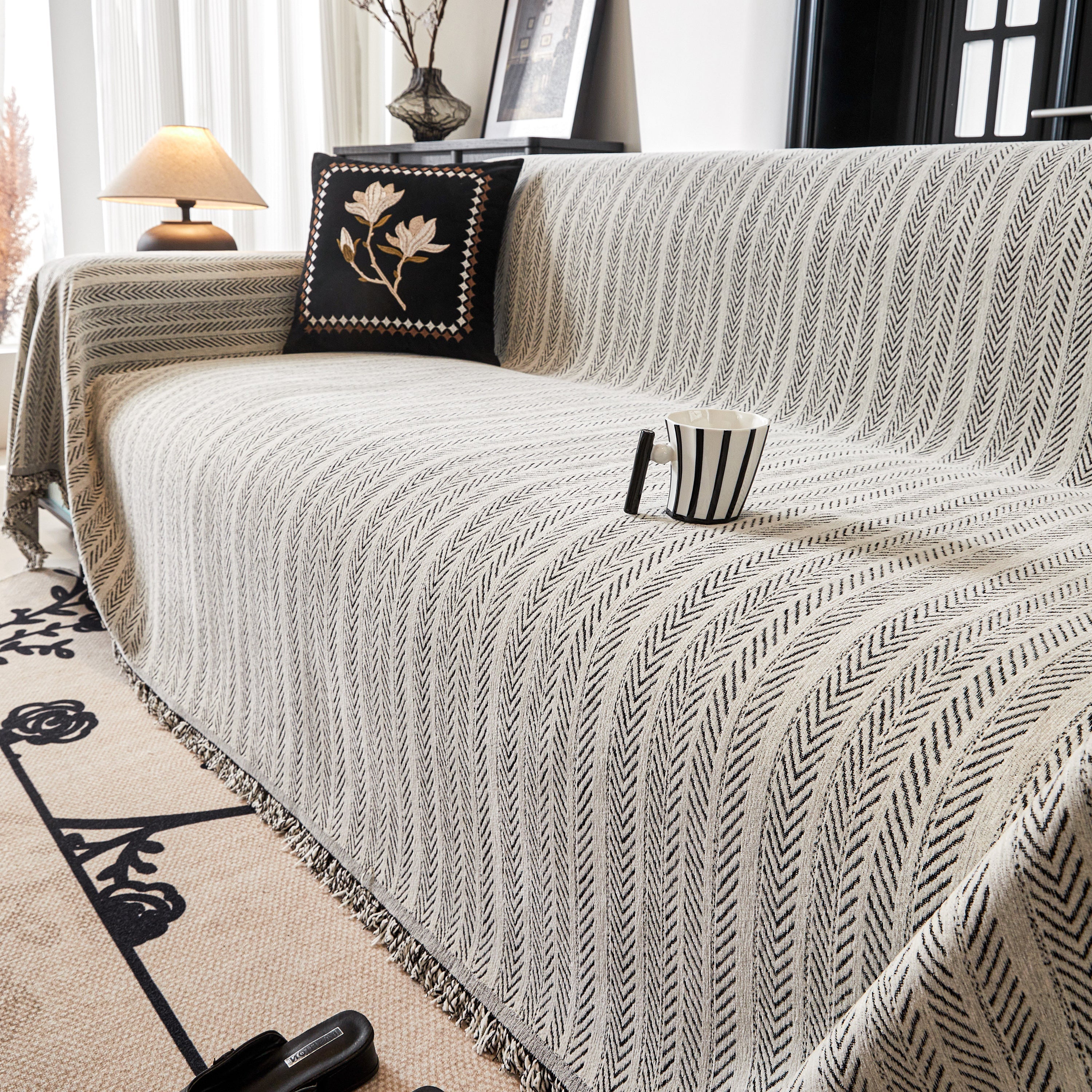 Herringbone Chenille Couch Cover Blanket Soft Durable Throw Sofa Protector With Tassel