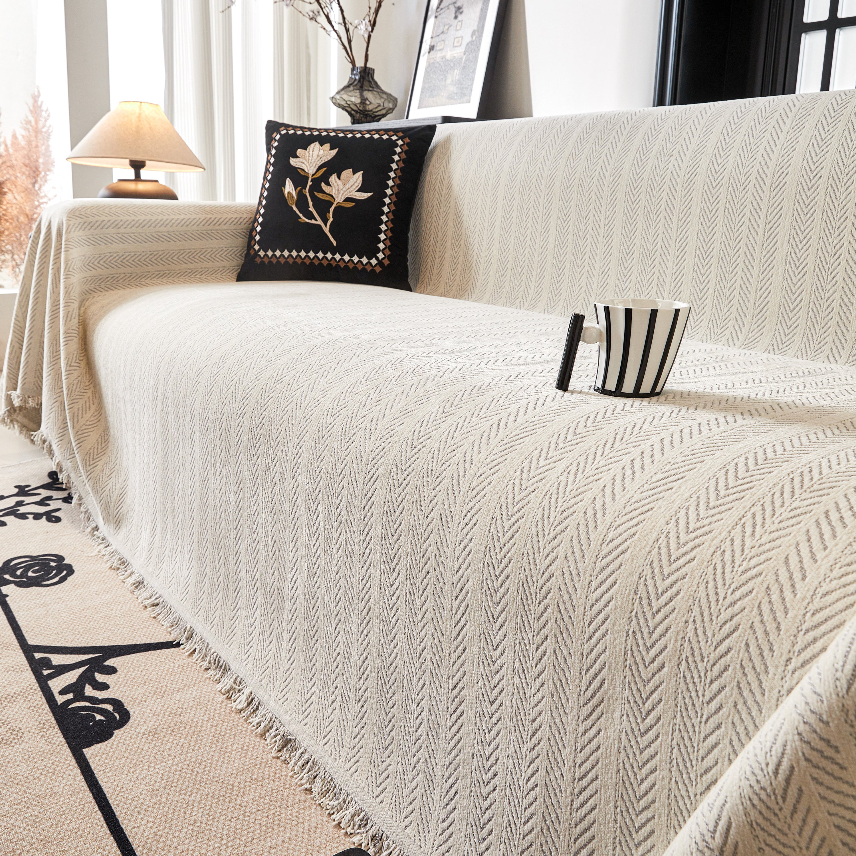 Herringbone Chenille Couch Cover Blanket Soft Durable Throw Sofa Protector With Tassel