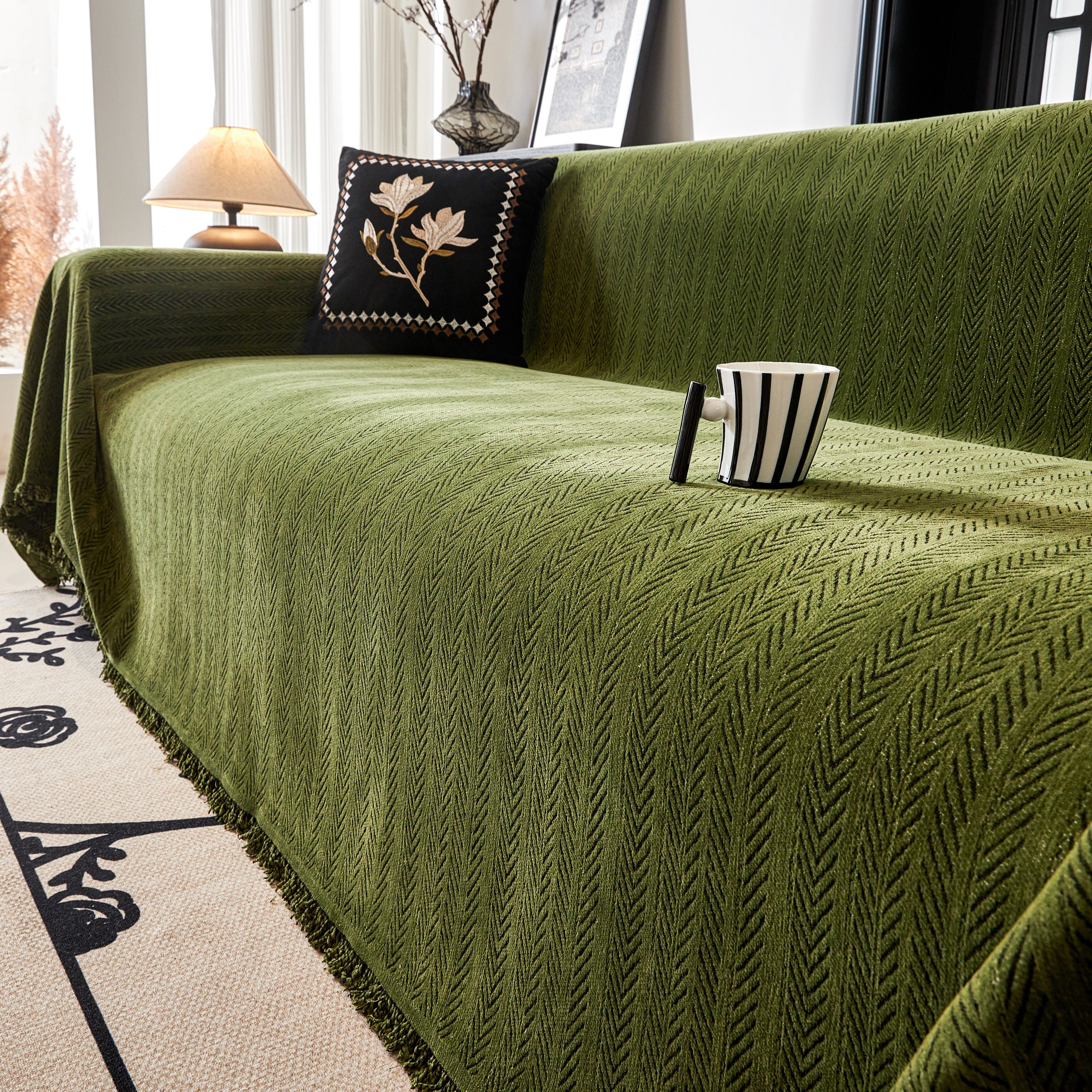Herringbone Chenille Couch Cover Blanket Soft Durable Throw Sofa Protector With Tassel