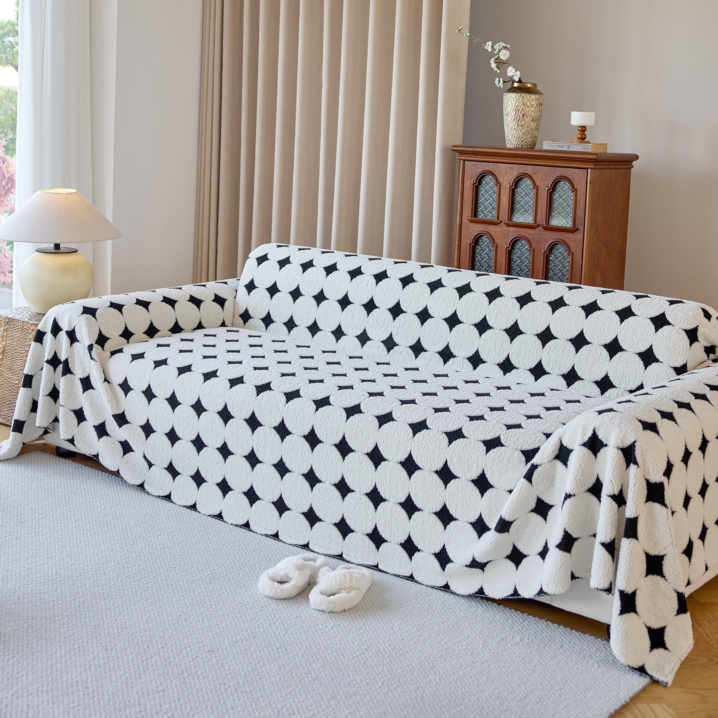 Geometric Jacquard Plush Warm Sofa Couch Cover Coral Fleece Throw Blanket For Couch