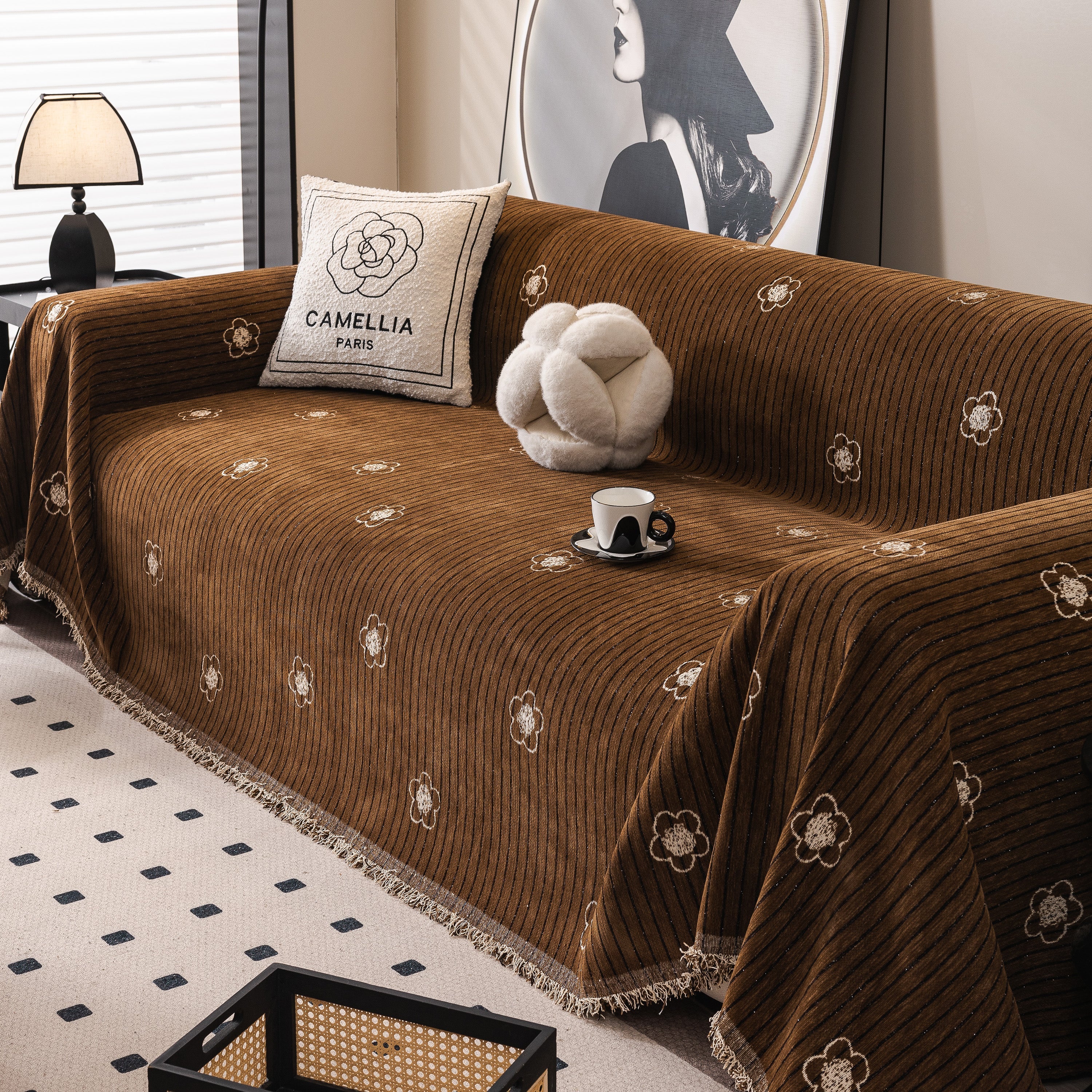 Chenille Camellia Floral Sofa Throw Cover Couch Blanket With Striped Jacquard