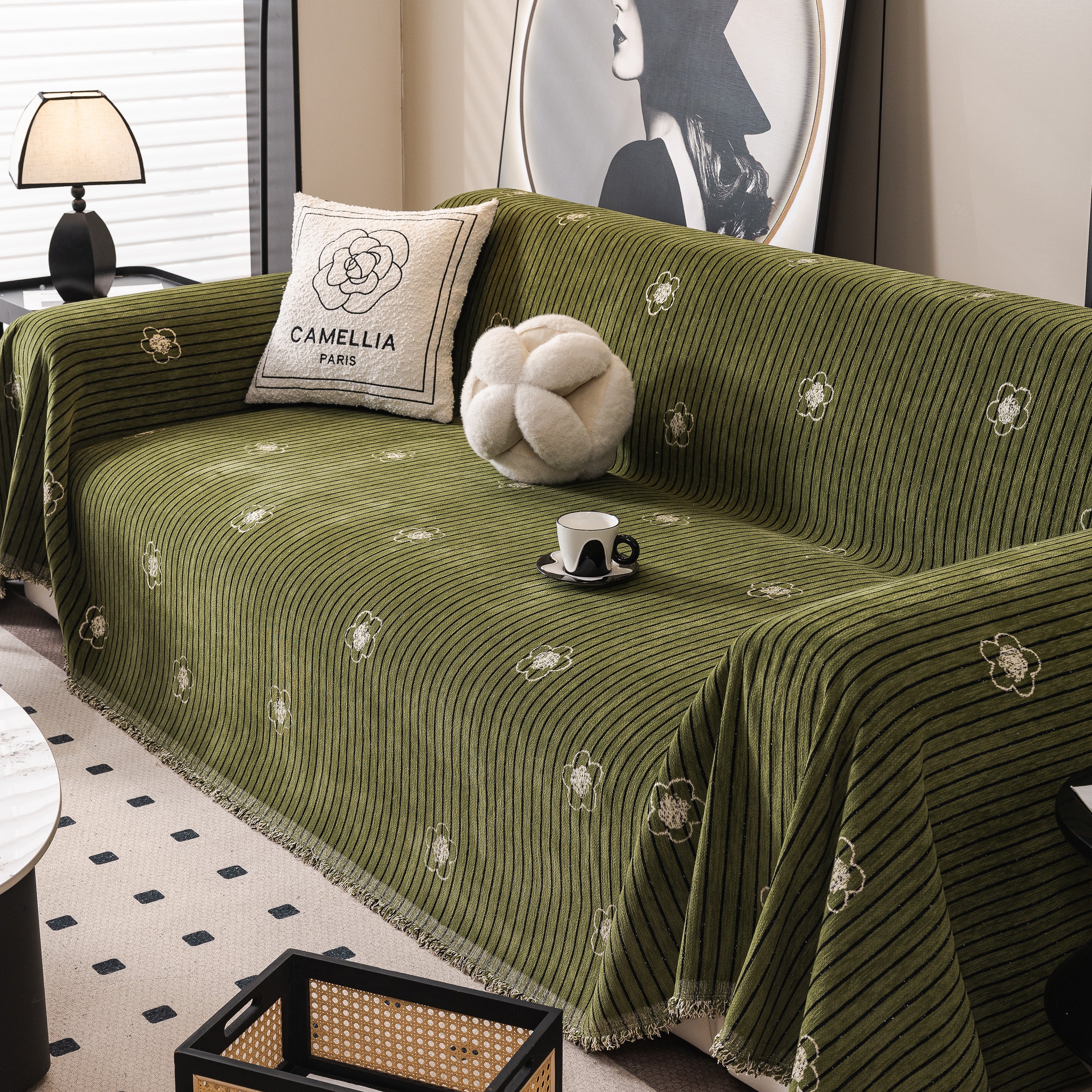 Chenille Camellia Floral Sofa Throw Cover Couch Blanket With Striped Jacquard