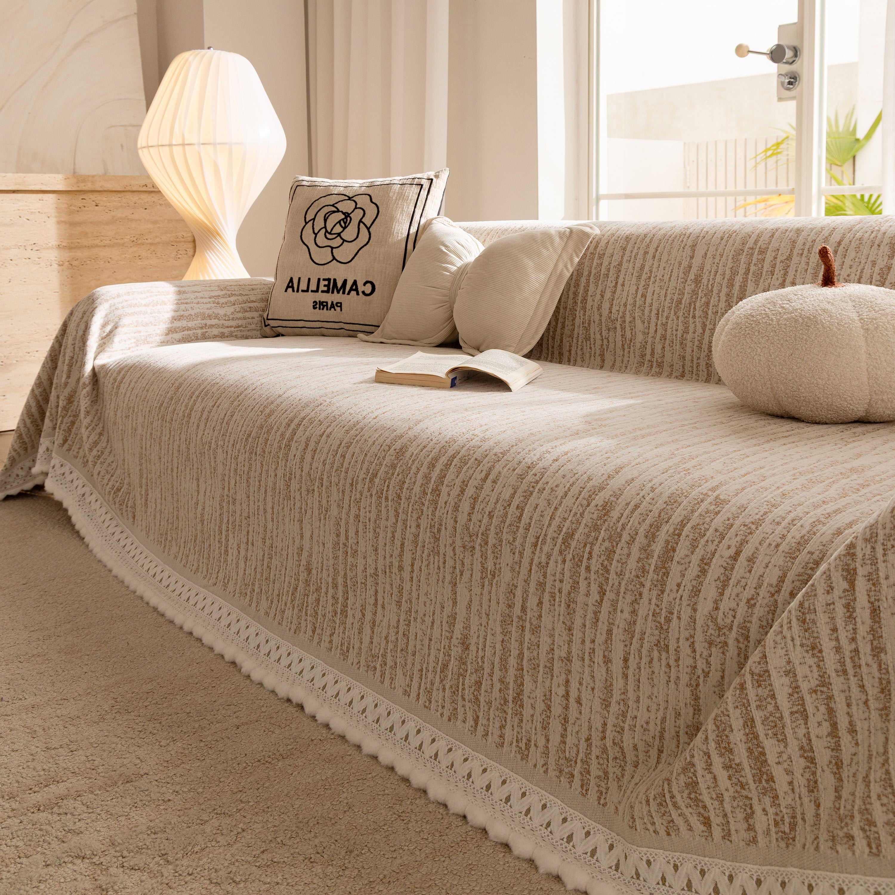 Lace Trim Pom Pom Tassel Edge Slipcover, Durable Furniture Cover For Pets Couch Sofa