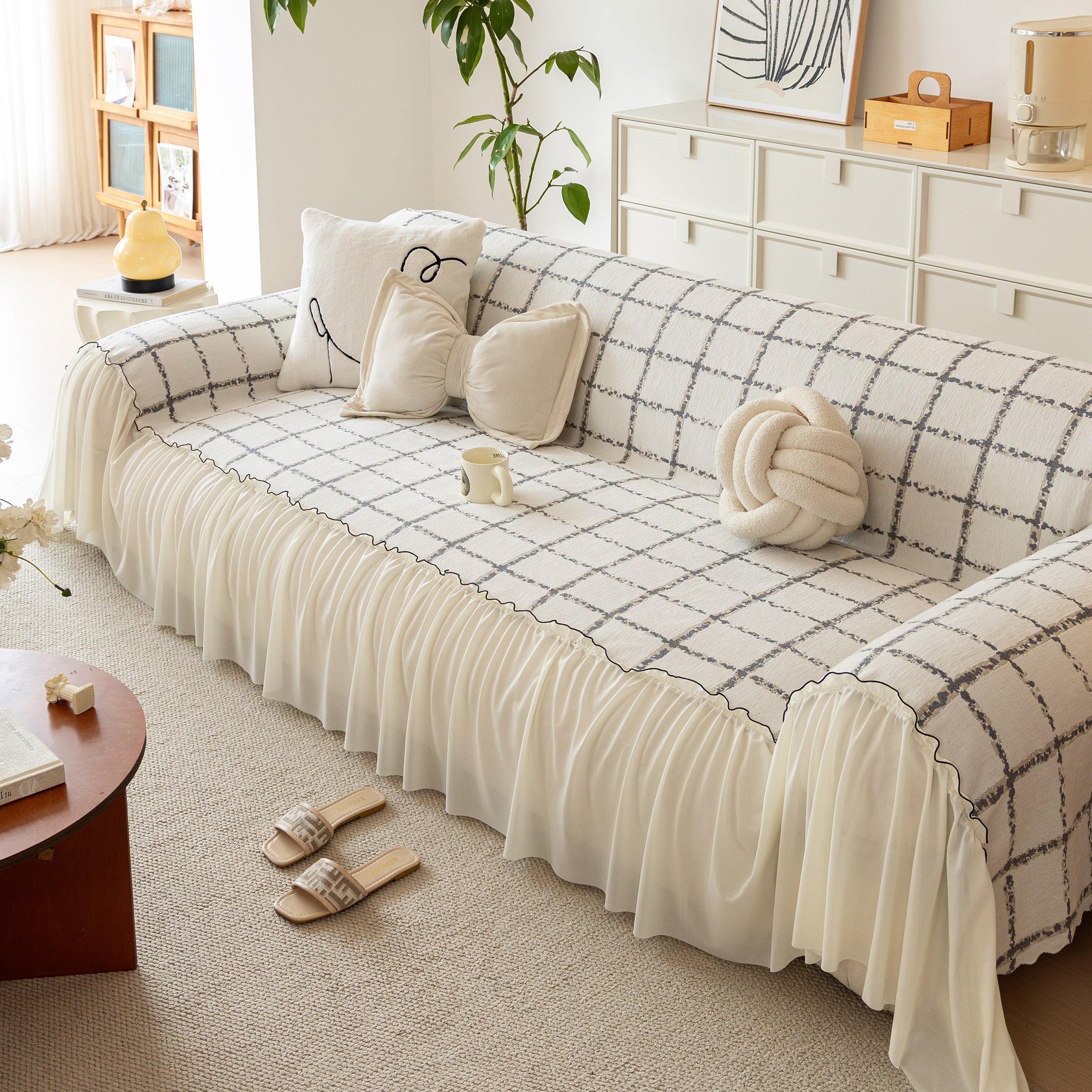 Grid Sofa Cover With Ruffle Skirt – Soft, Decorative, Full-cover Couch Protector