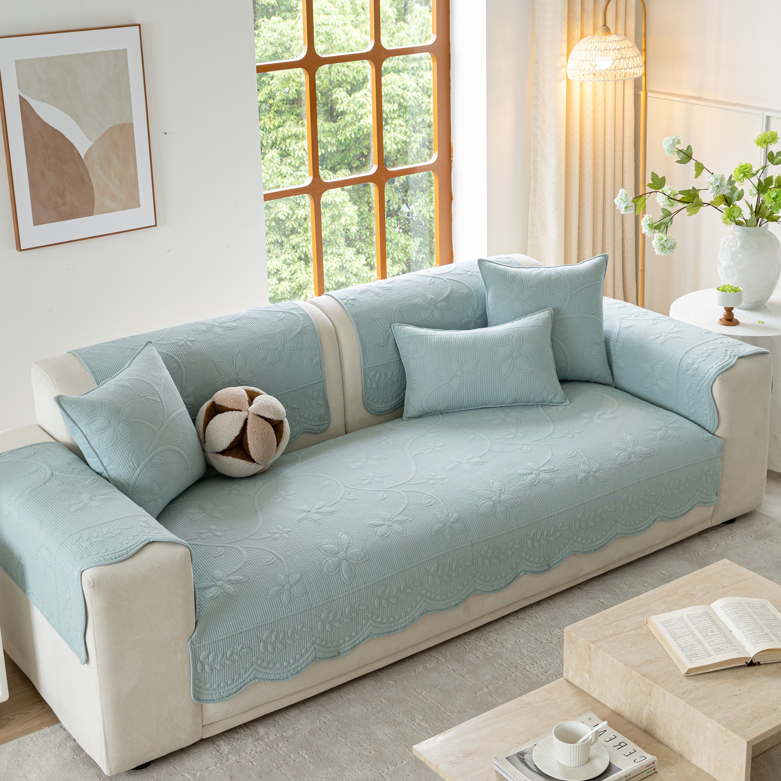 Floral Cotton Quilted Sofa Cover, Non-slip Couch Protector With Scalloped Edges