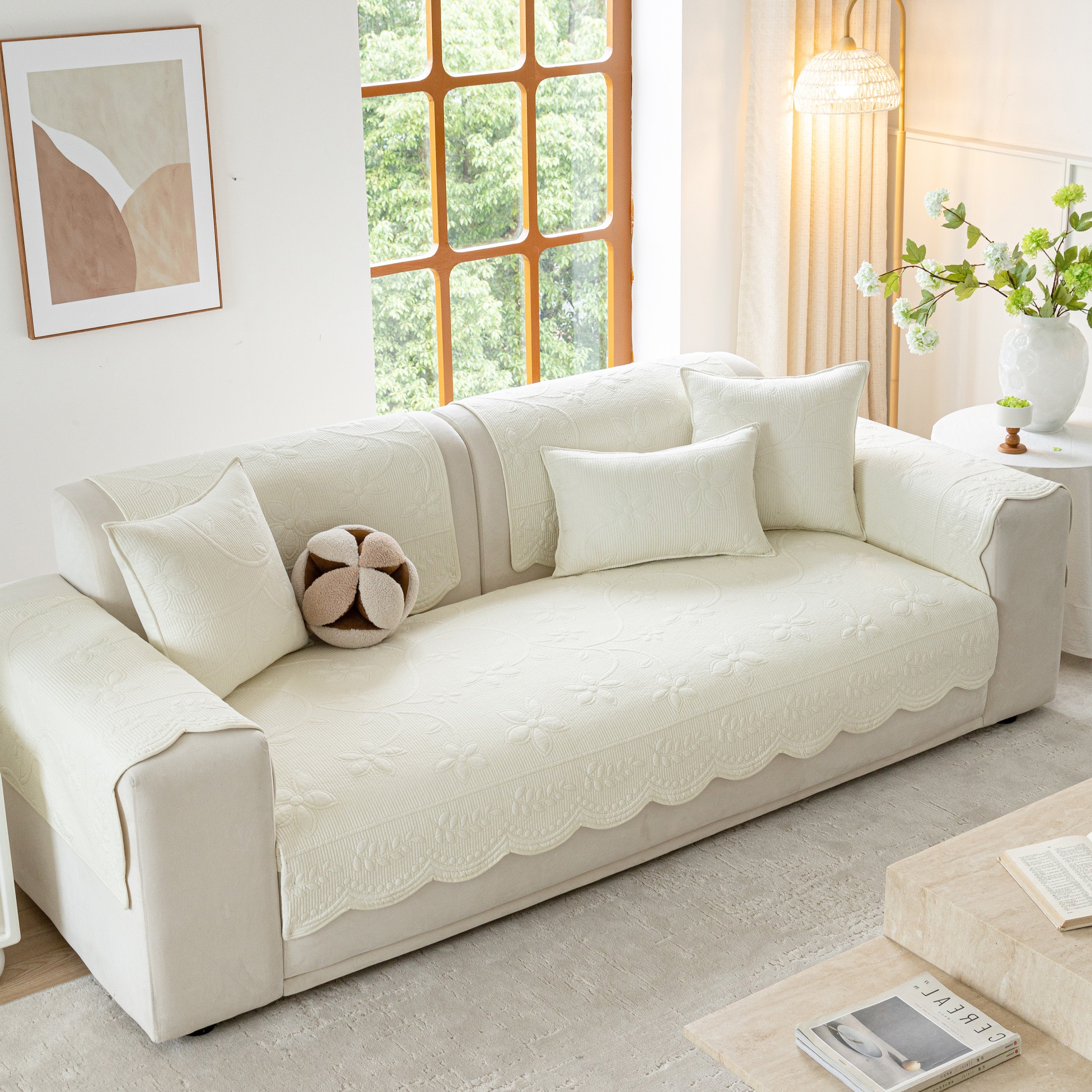 Floral Cotton Quilted Sofa Cover, Non-slip Couch Protector With Scalloped Edges