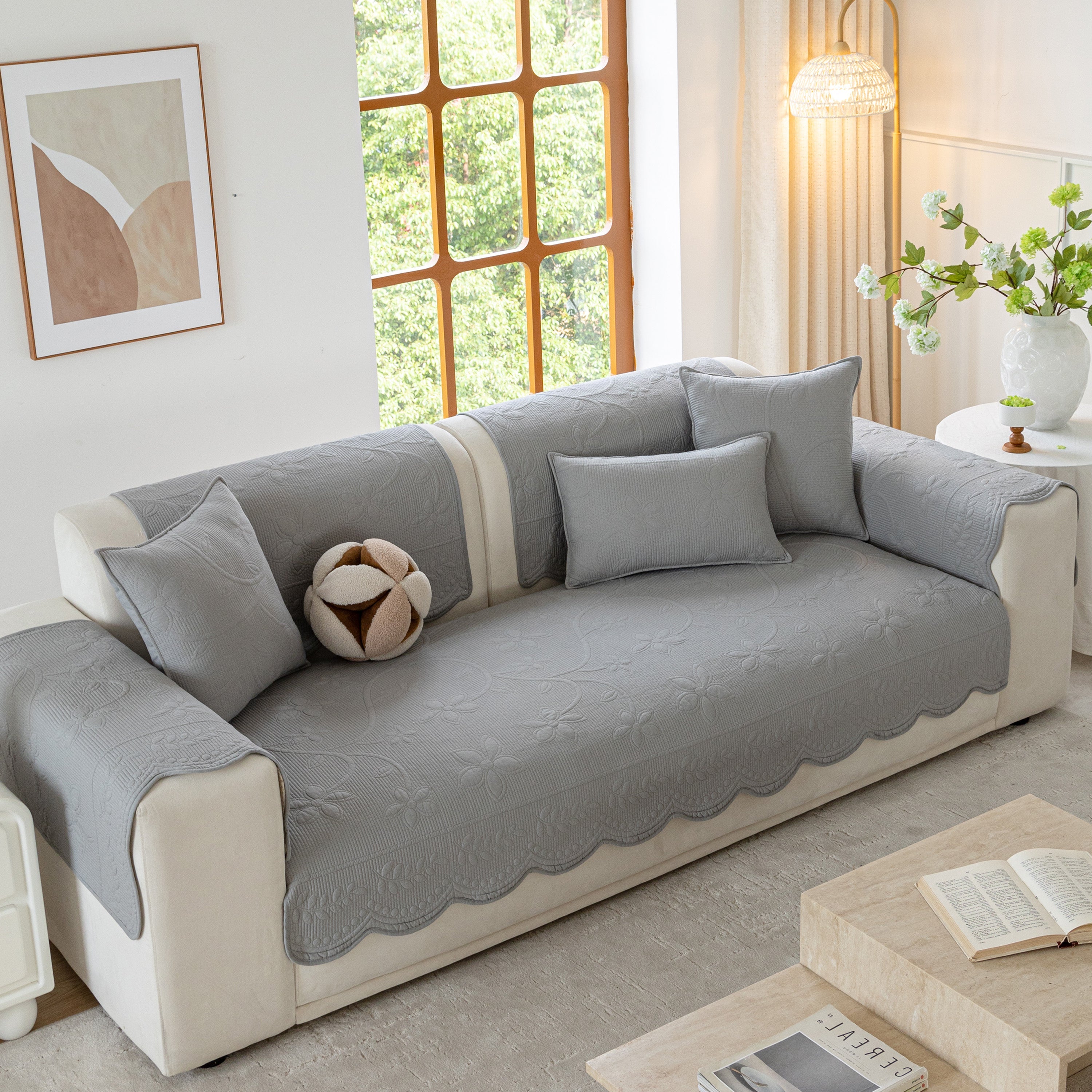 Floral Cotton Quilted Sofa Cover, Non-slip Couch Protector With Scalloped Edges