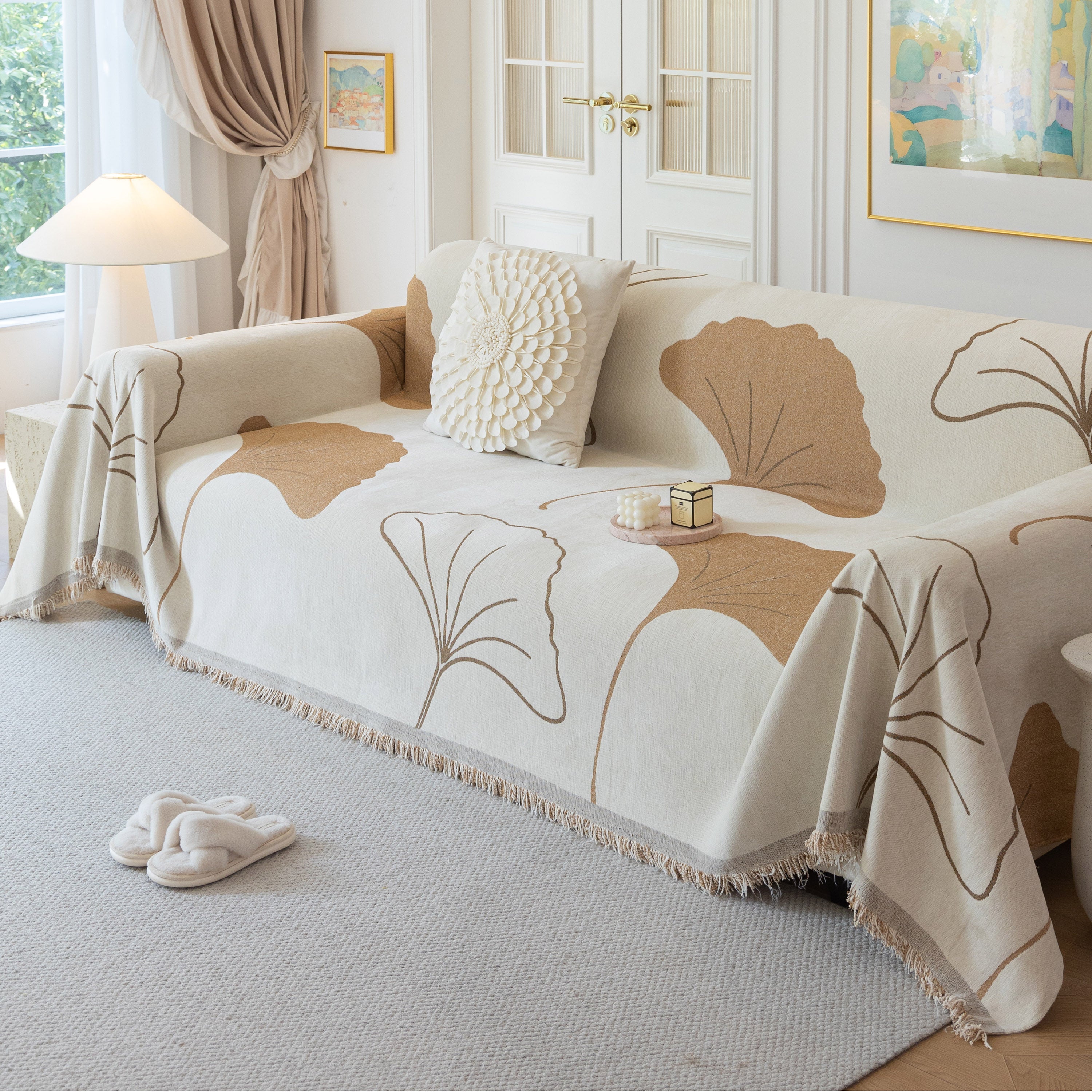 Cozy Couch Throw Blanket With Tassels, Jacquard Leaf Pattern Furniture Protector