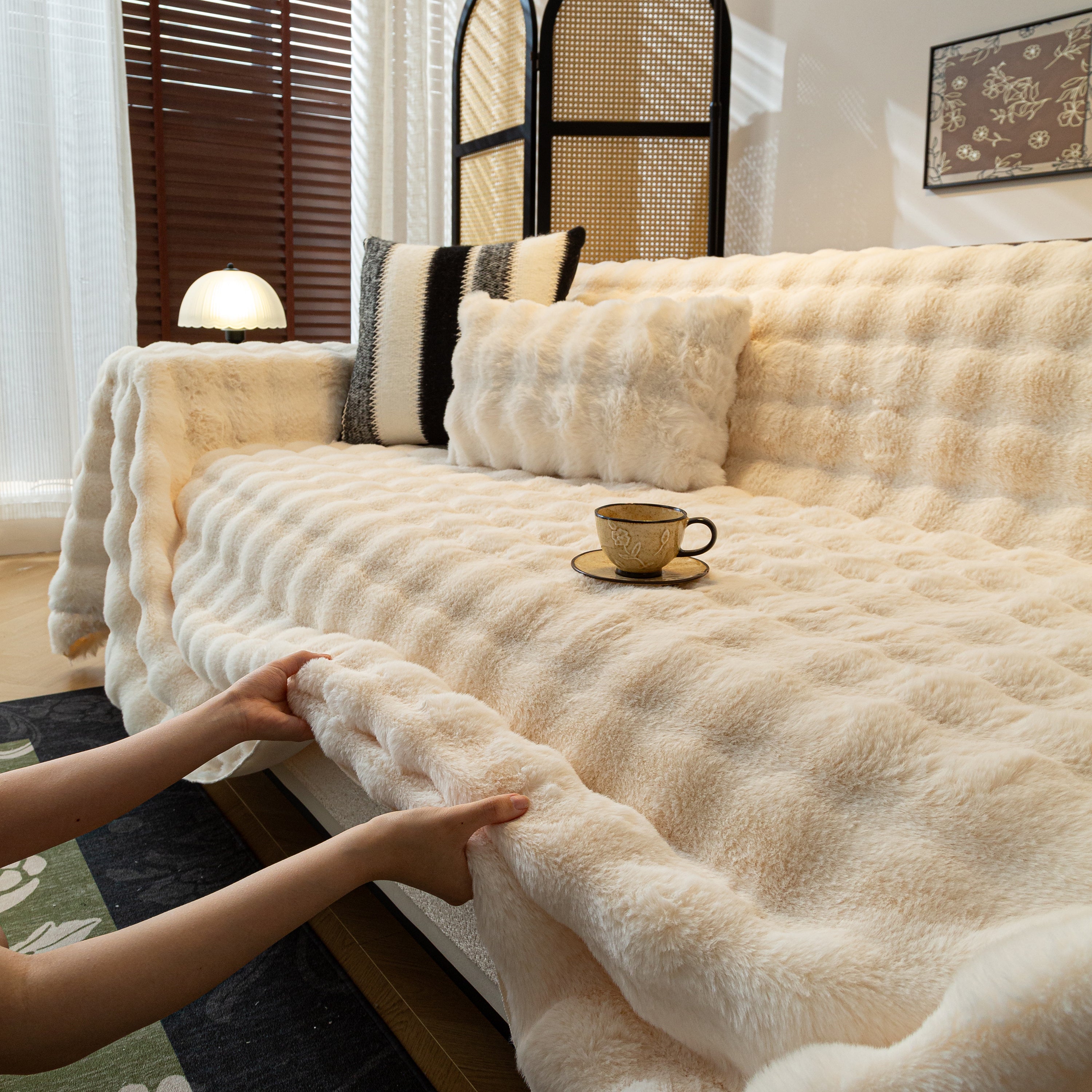 Thick Faux Fur Sofa Cover Fluffy Plush Warm Sofa Slipcover Furniture Protector For Couch Bed