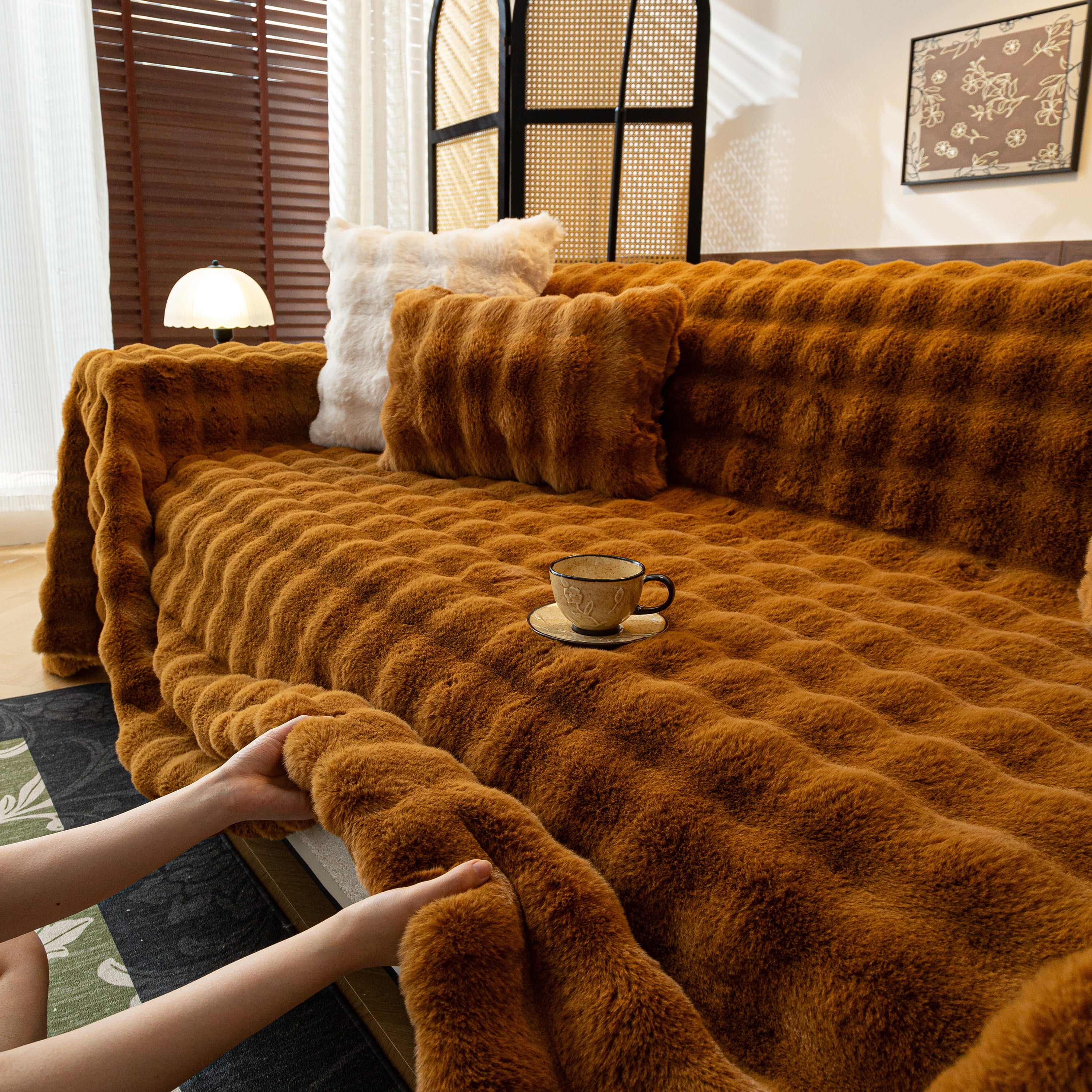 Thick Faux Fur Sofa Cover Fluffy Plush Warm Sofa Slipcover Furniture Protector For Couch Bed