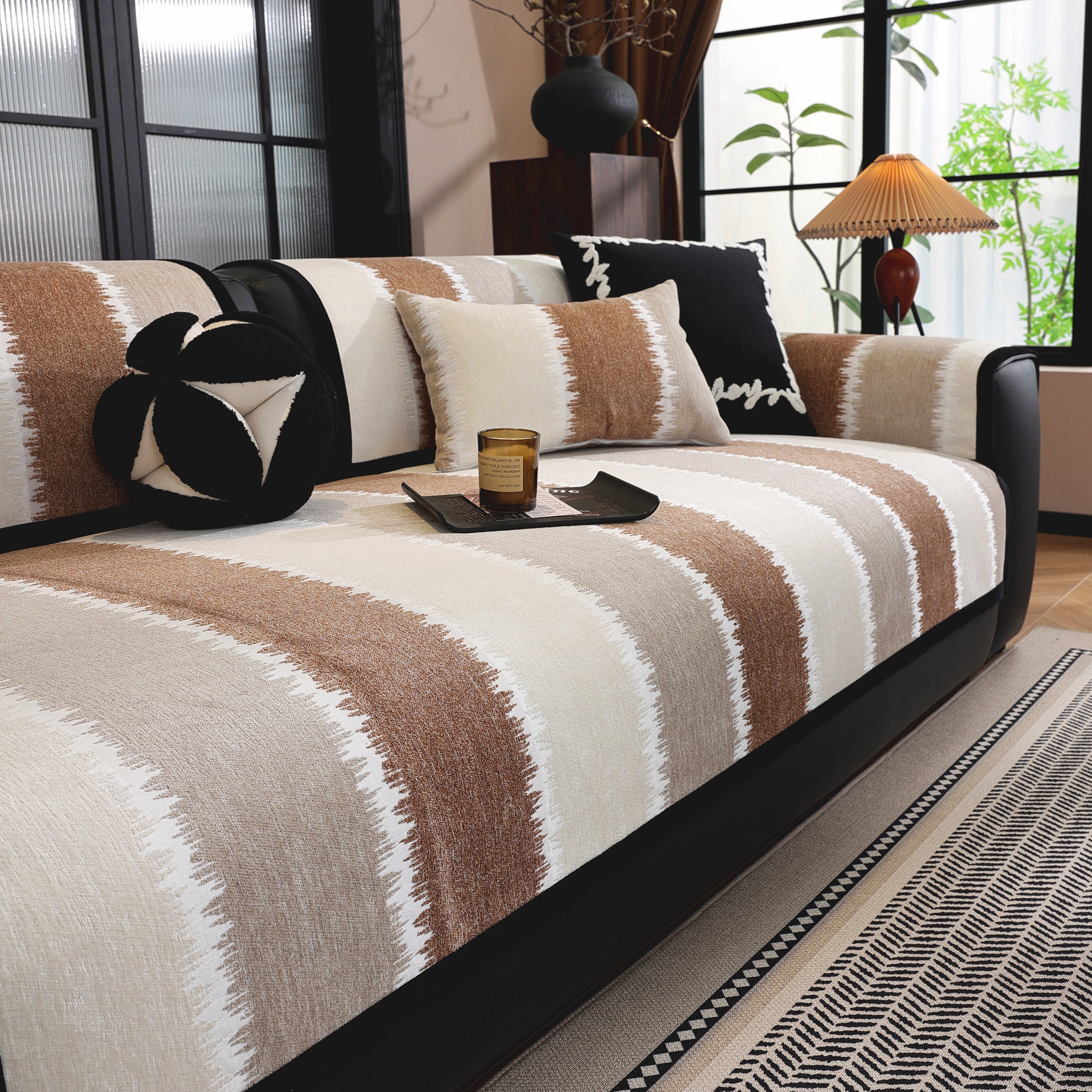 Striped Colorblock Non-slip Sectional Couch Covers, Chenille Sofa Protector Cover