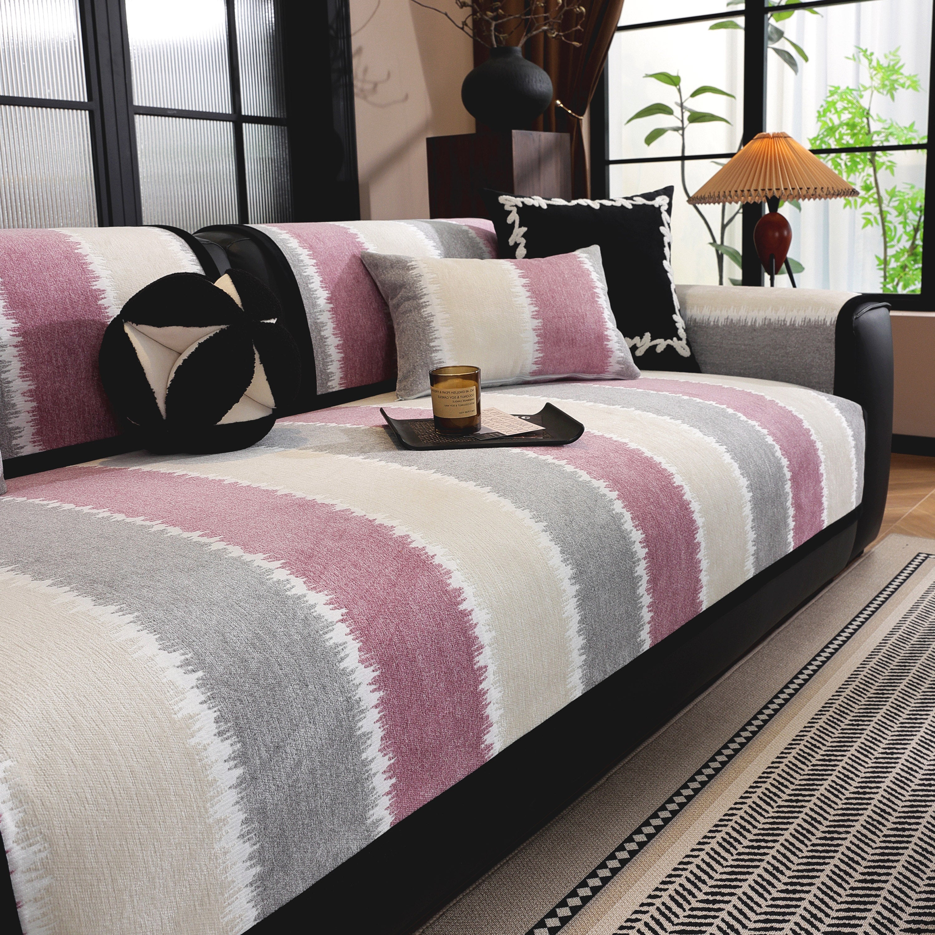 Striped Colorblock Non-slip Sectional Couch Covers, Chenille Sofa Protector Cover
