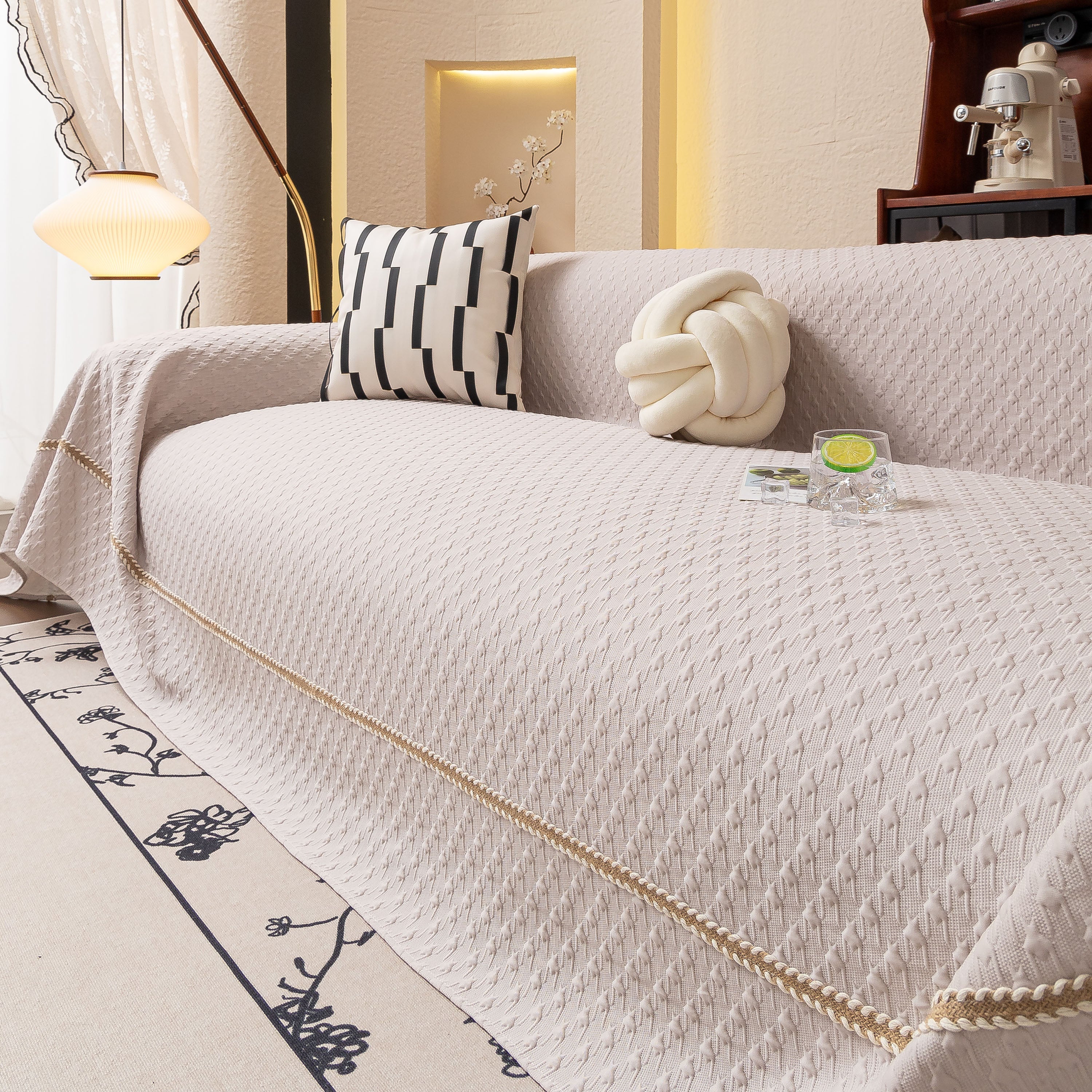 Jacquard Ice Silk Sofa Throw Cover With Gold Trim, Summer Cooling Couch Slipcover
