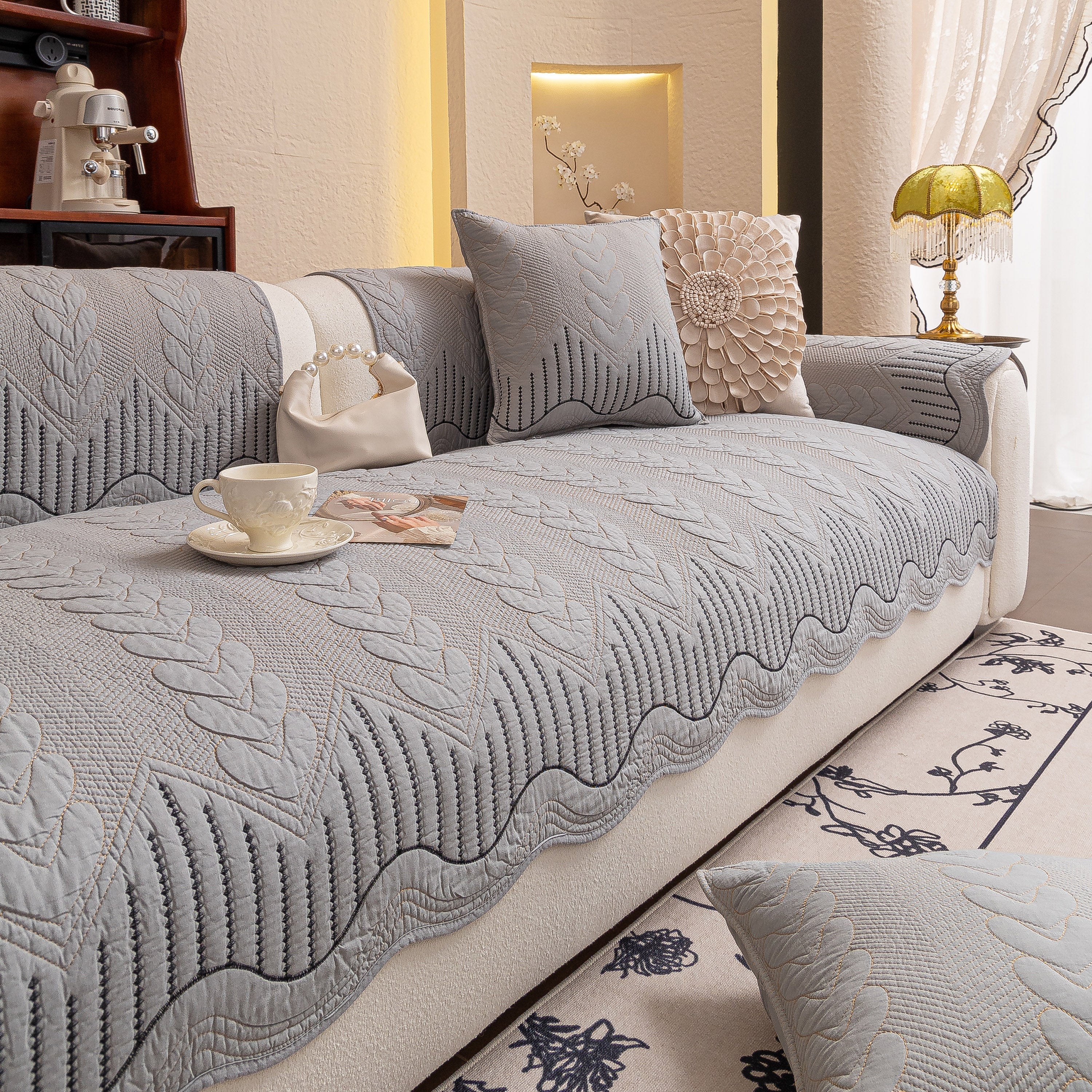 3d Quilted Thick Cotton Sofa Cover Non-slip Couch Throw For Fabric & Leather Sofas