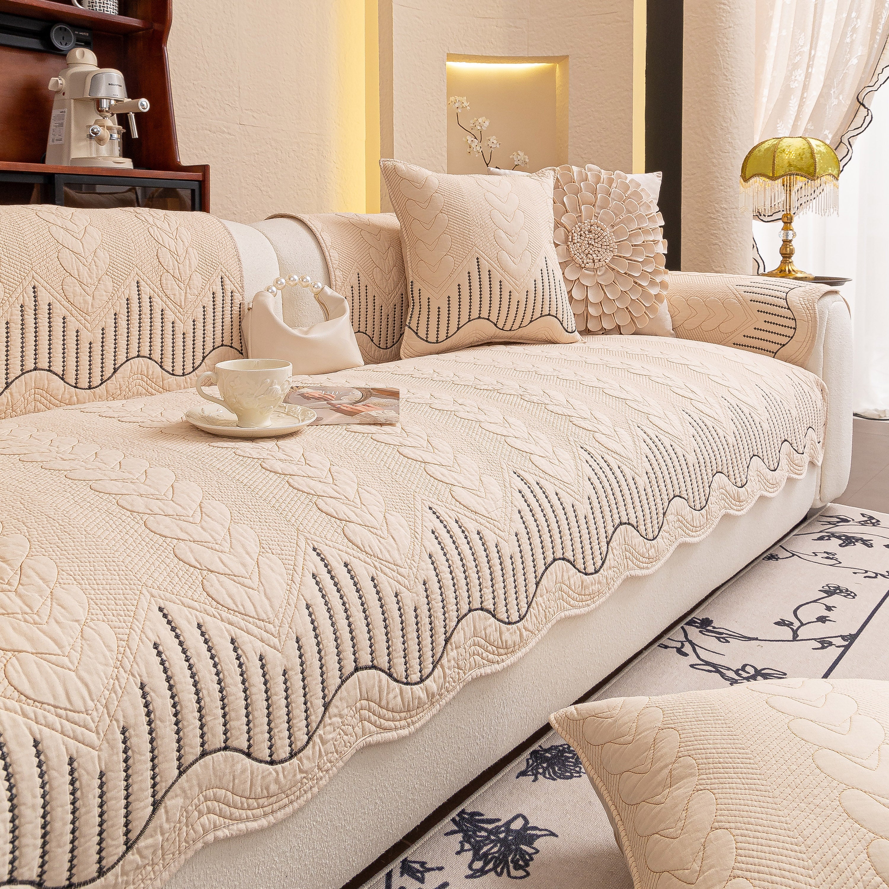 3d Quilted Thick Cotton Sofa Cover Non-slip Couch Throw For Fabric & Leather Sofas