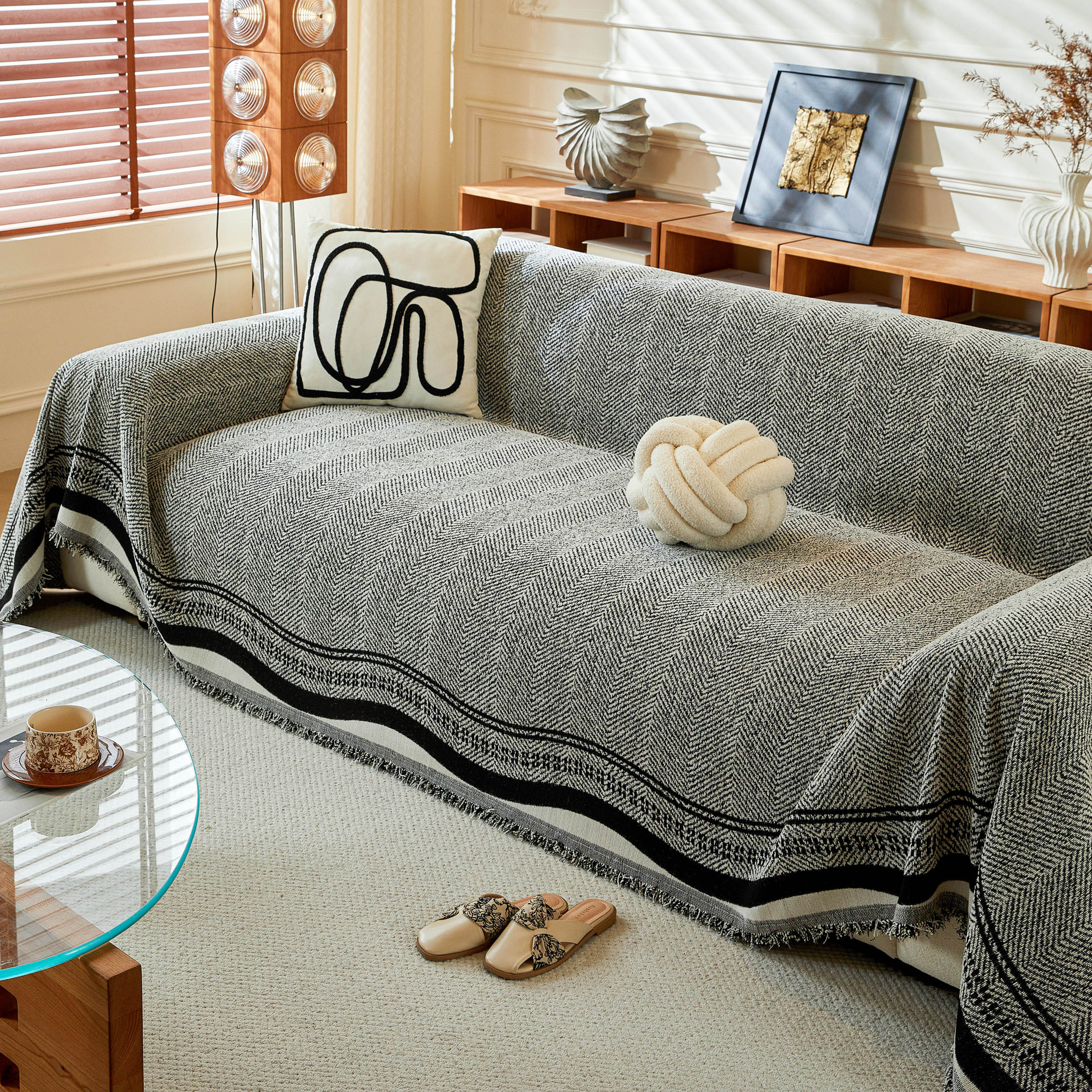 Reversible Herringbone Sofa Cover, 2-in-1 Classic British Throw Blanket For Couch