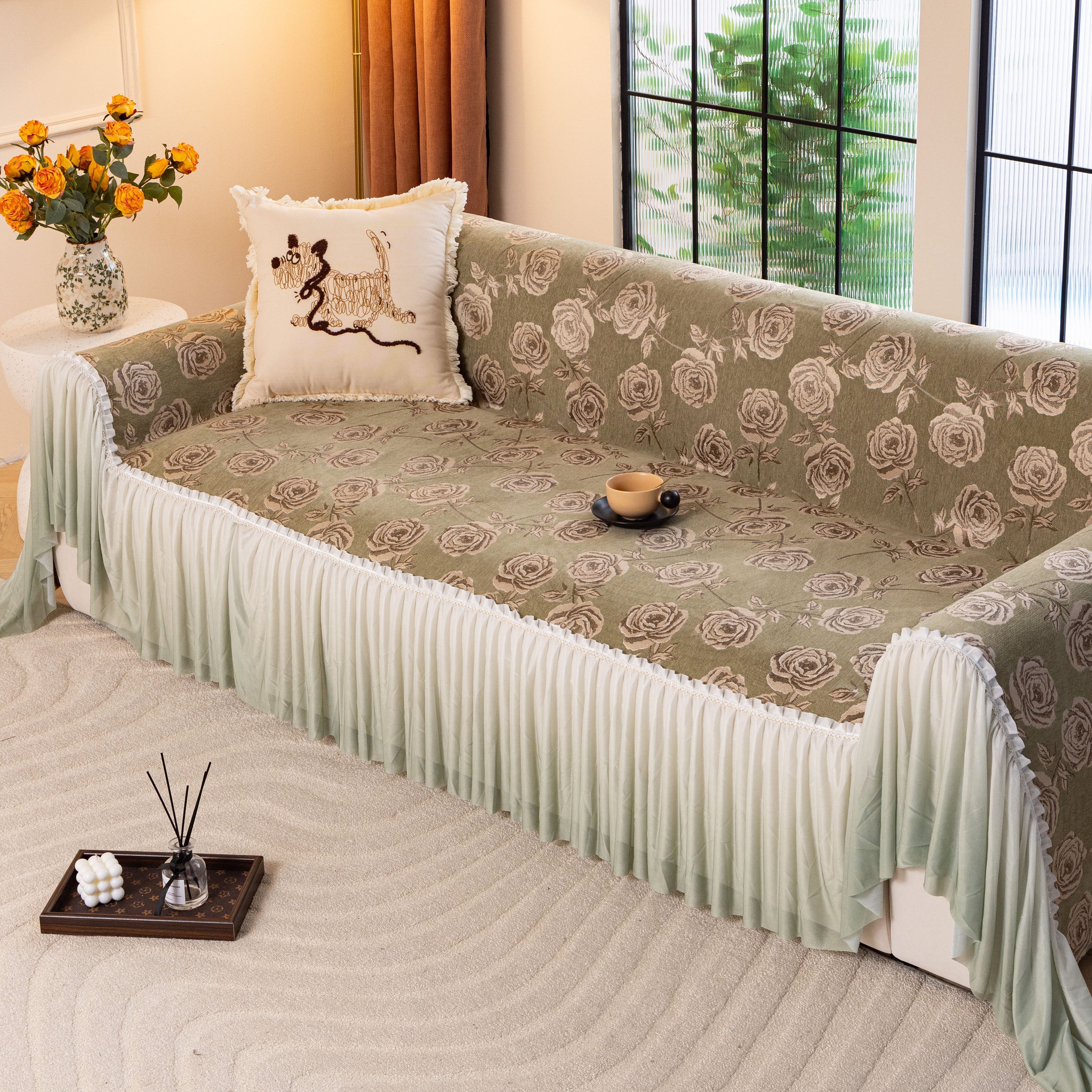 French Country Floral Sofa Cover With Ruffled Skirt, Farmhouse Decor For Living Room