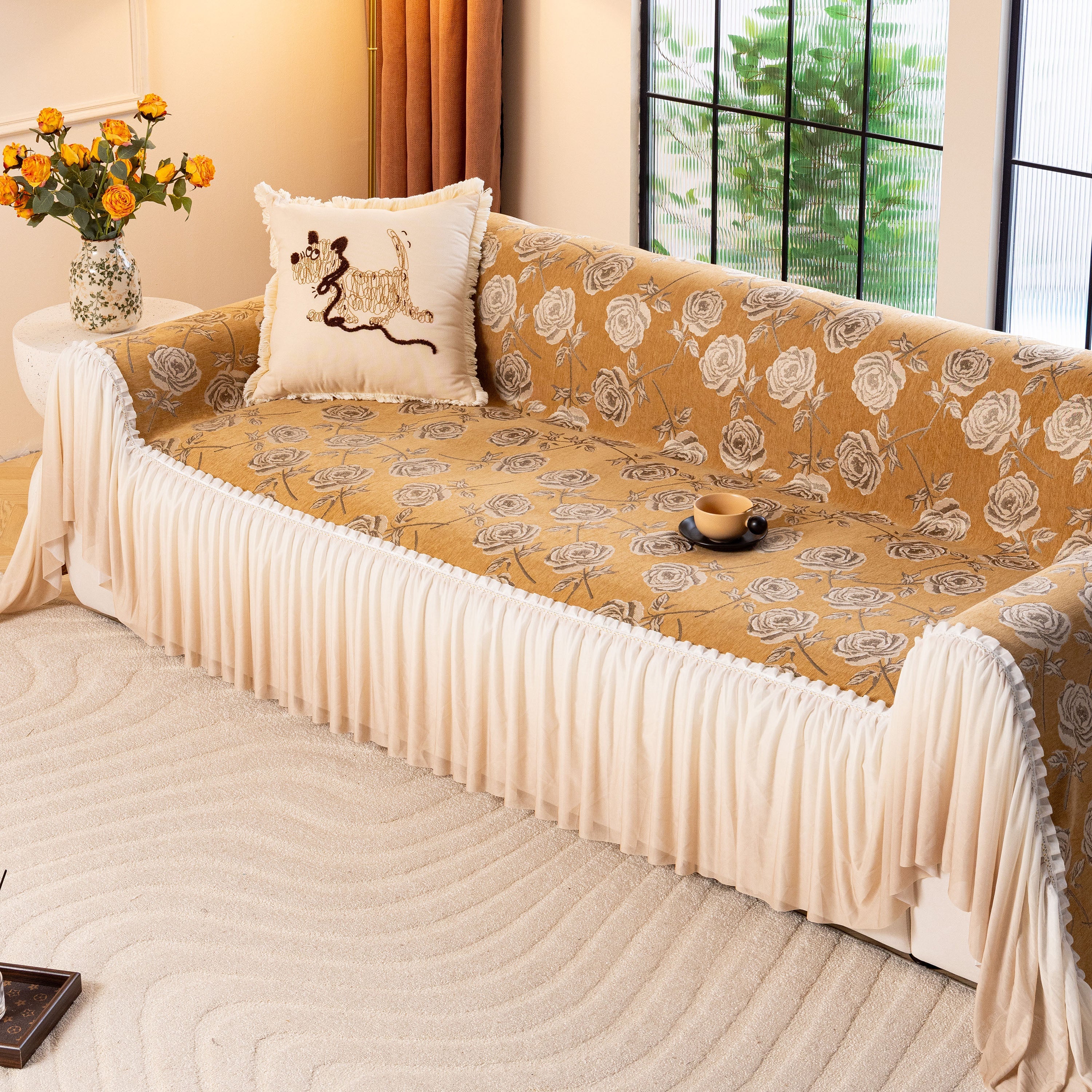 French Country Floral Sofa Cover With Ruffled Skirt, Farmhouse Decor For Living Room