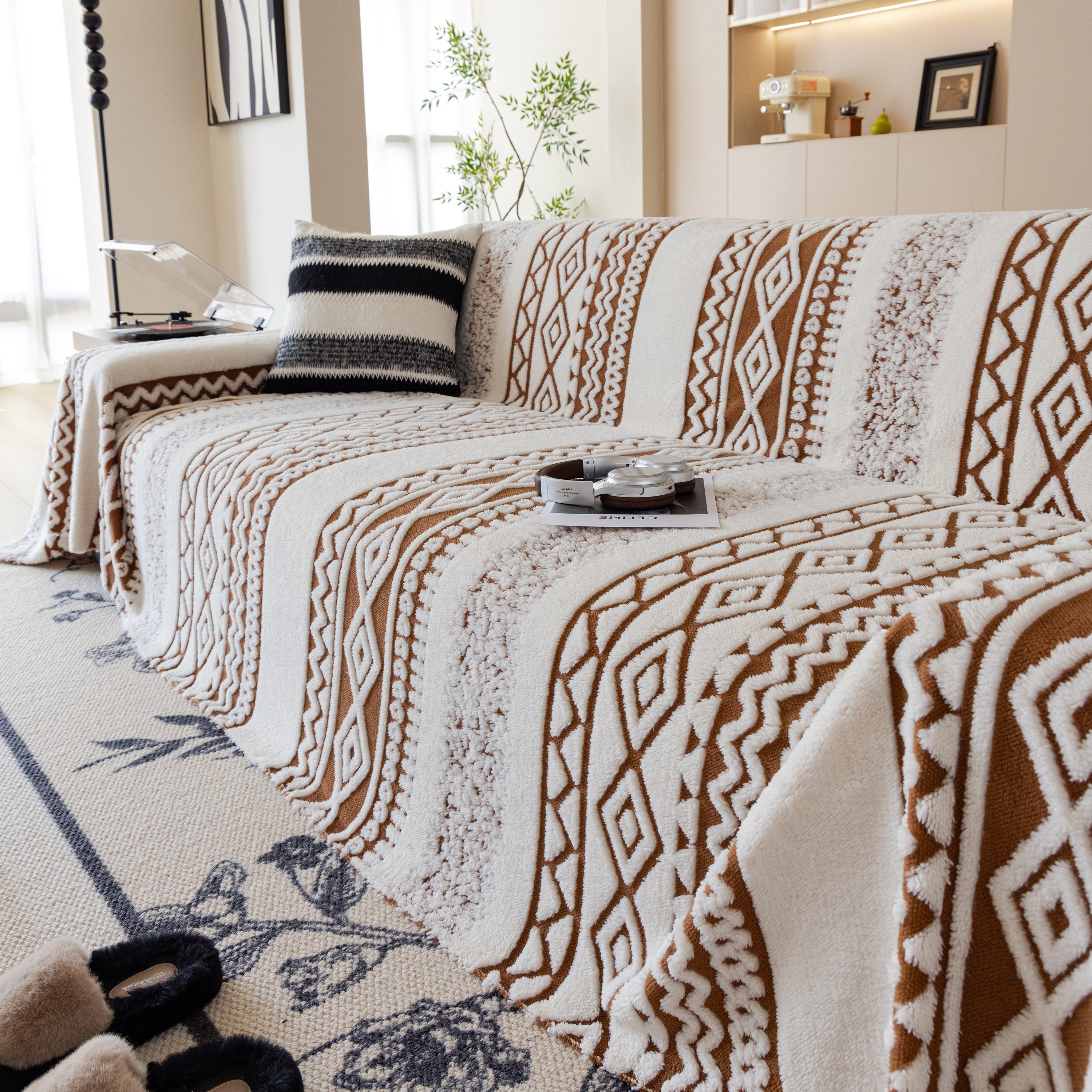 Bohemian Tufted Sofa Cover, Plush Fleece Throw Blanket With 3d Woven Aztec Stripes