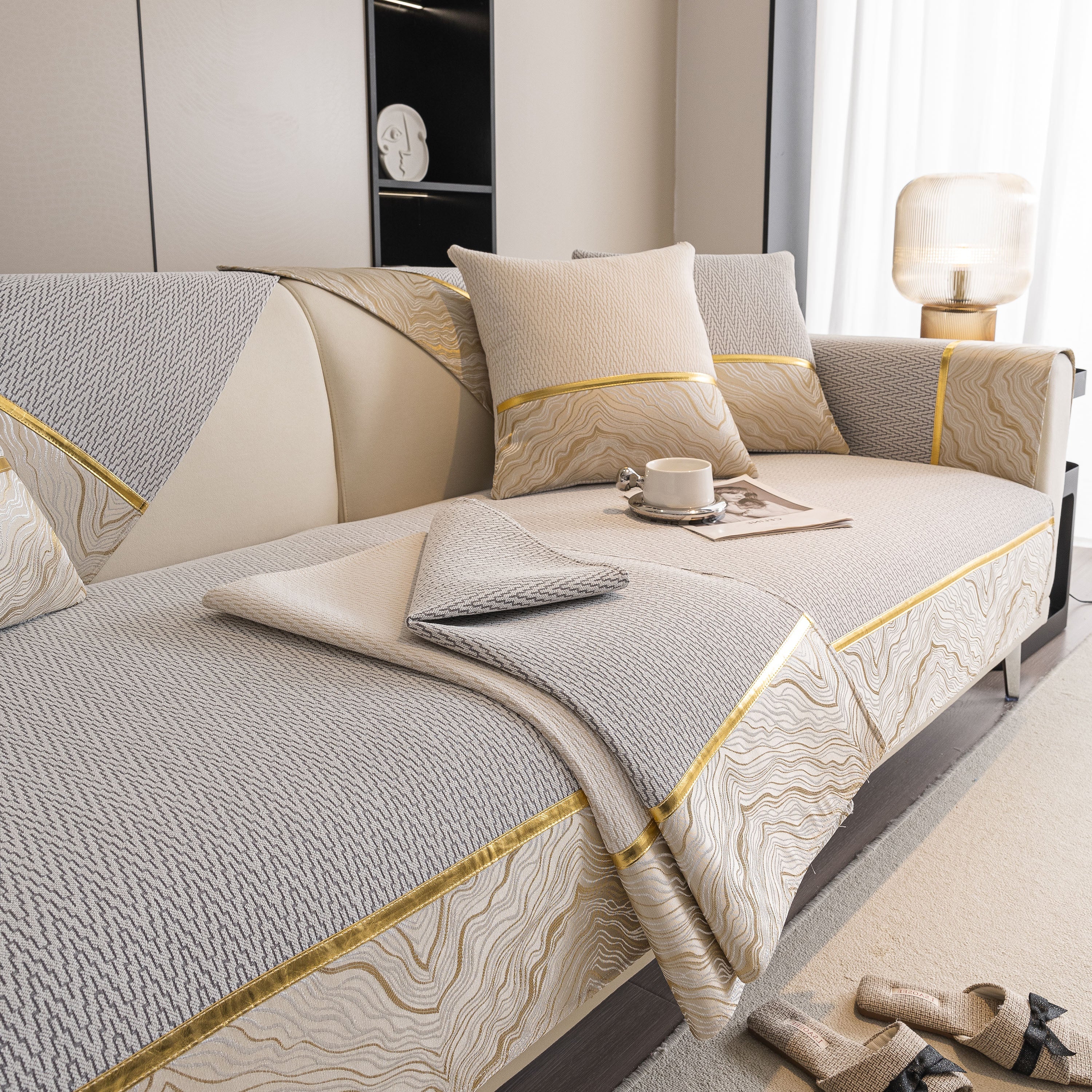 Non-slip Couch Cover With Gold Trim, Sofa Slipcover For Sectional & Loveseat