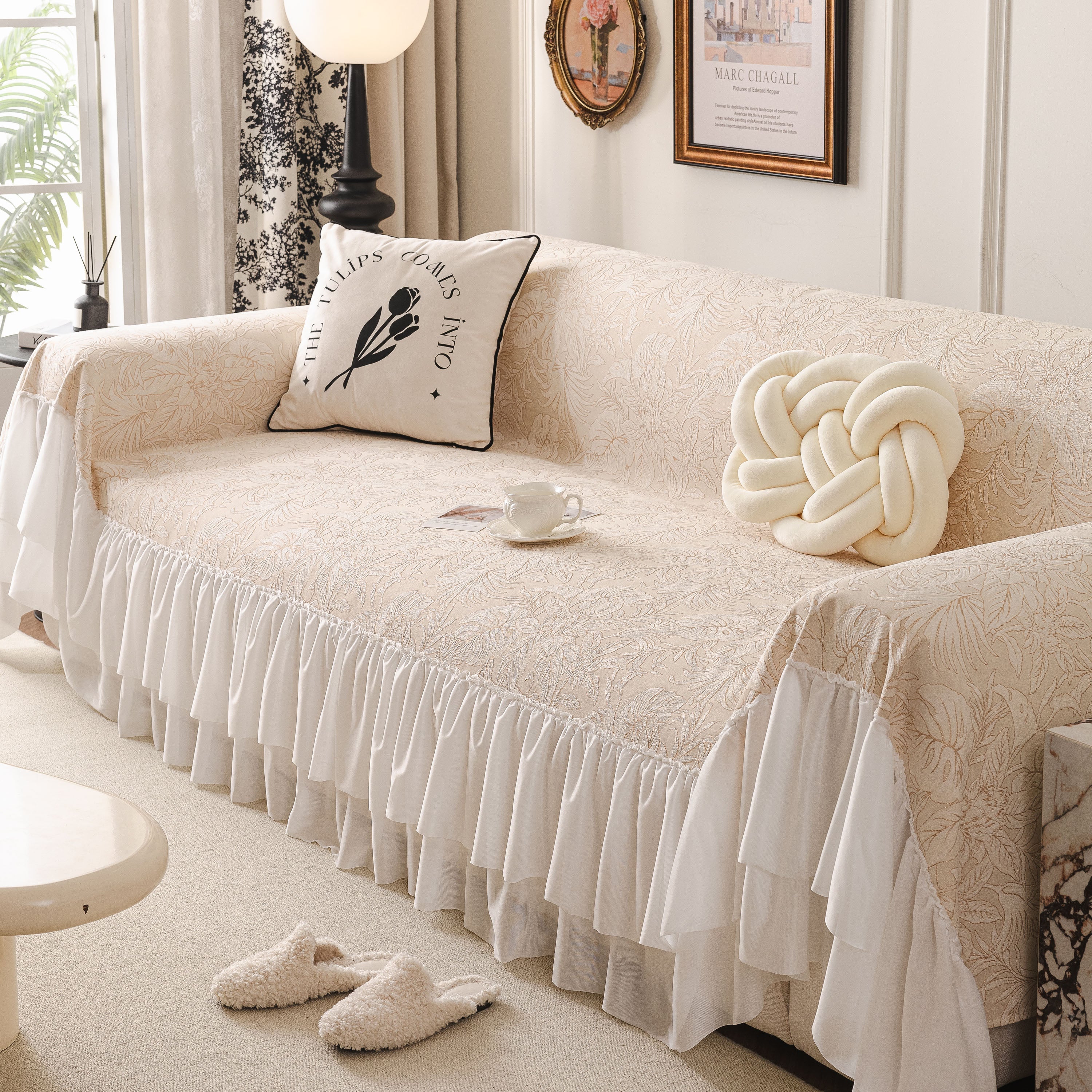 French Chic Style Ruffle Floral Cover Throws For Sofas, Decorative Couch Covers
