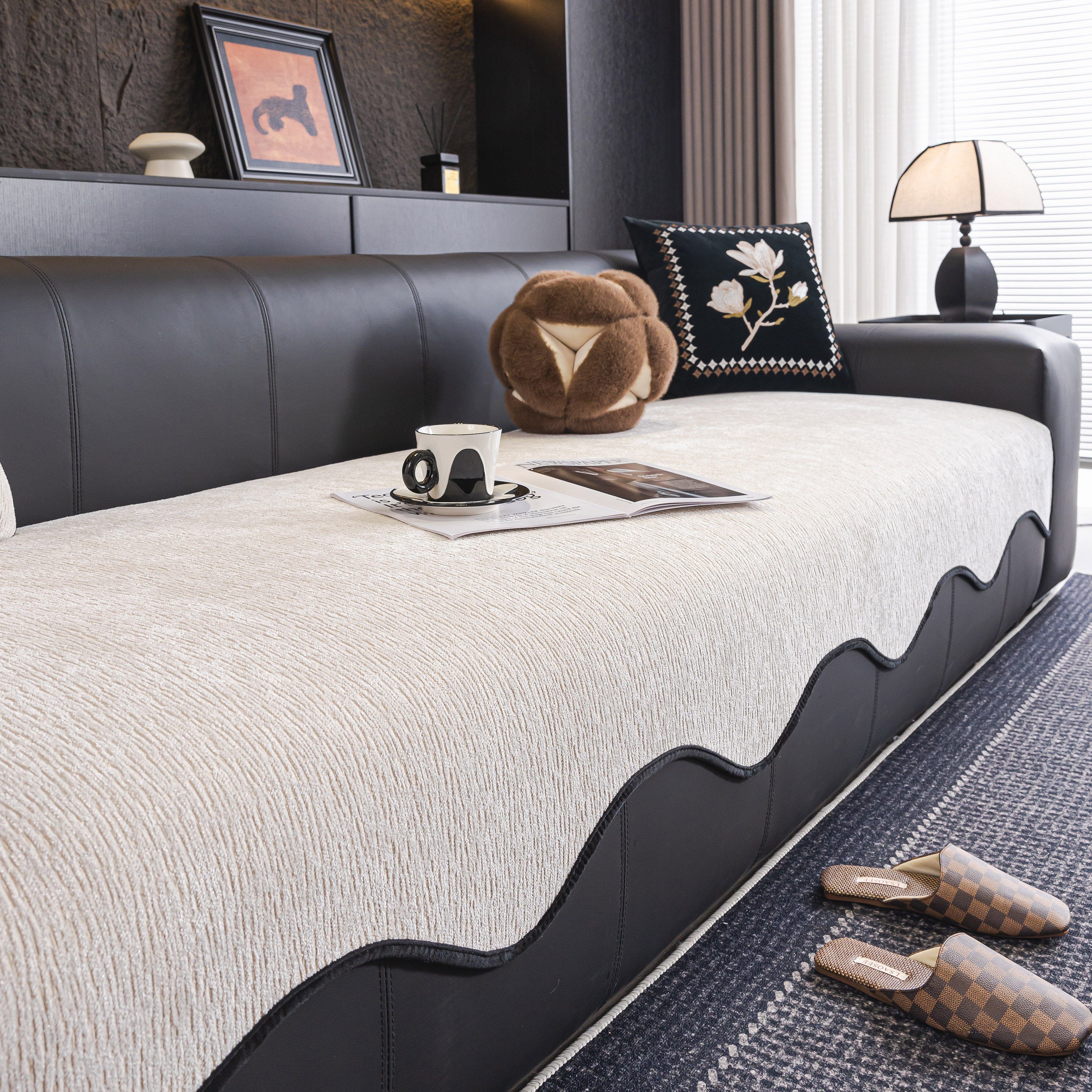 Chenille Couch Cover With Scalloped Edge, Non-slip Modular Slipcover Sectional