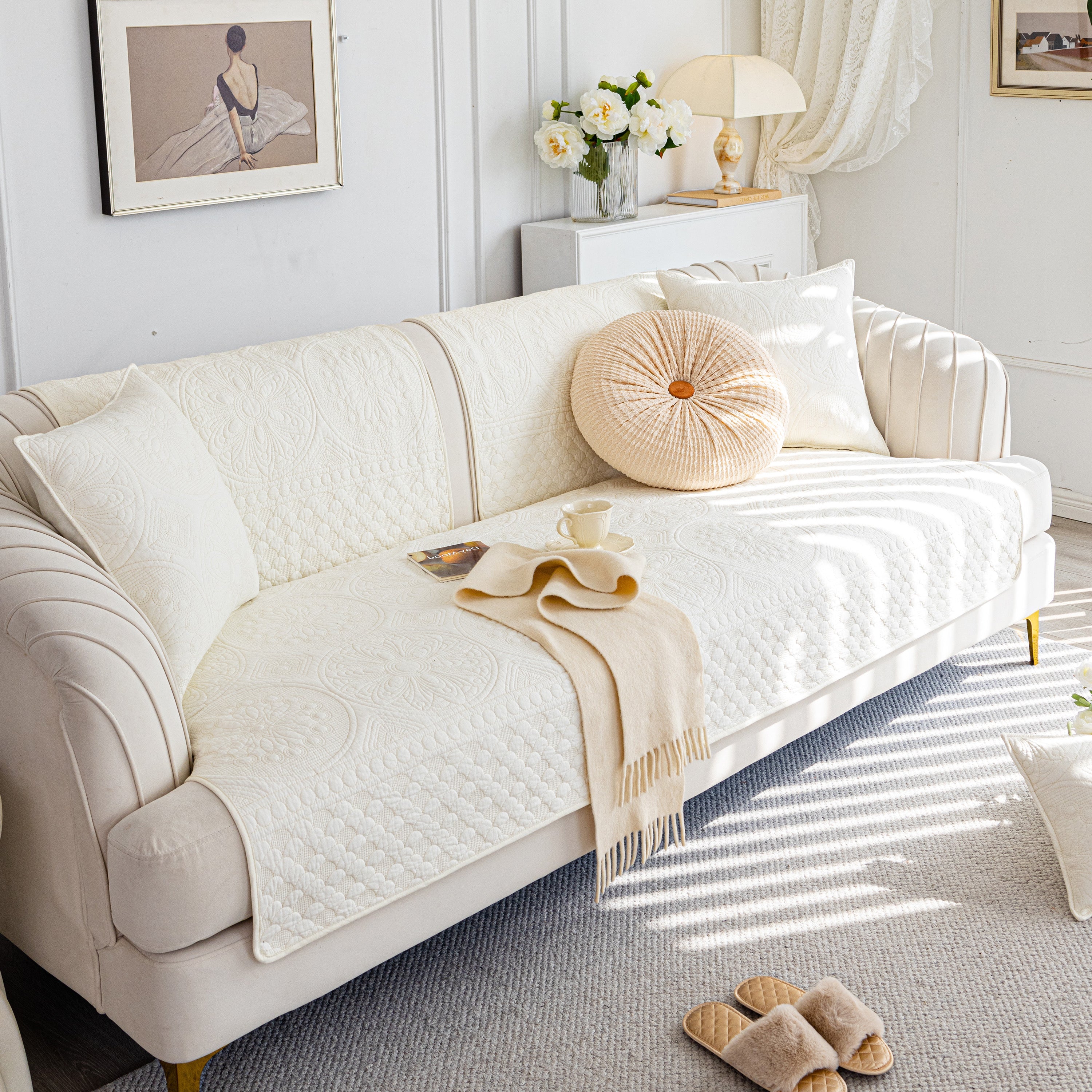 Cotton Quilted Sofa Cover, Non-slip Couch Protector Fits Backrest, Seat & Armrest