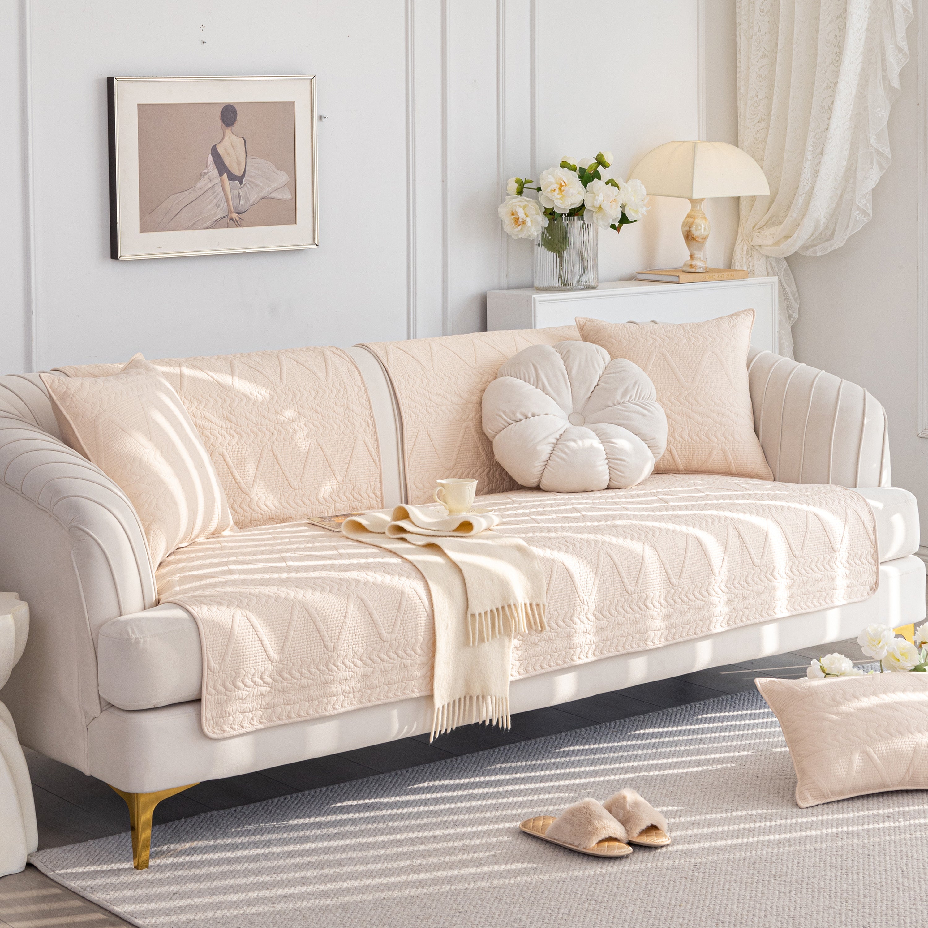 Geometric Textured Cotton Quilted Sofa Cover, Non-slip Washable Couch Protector