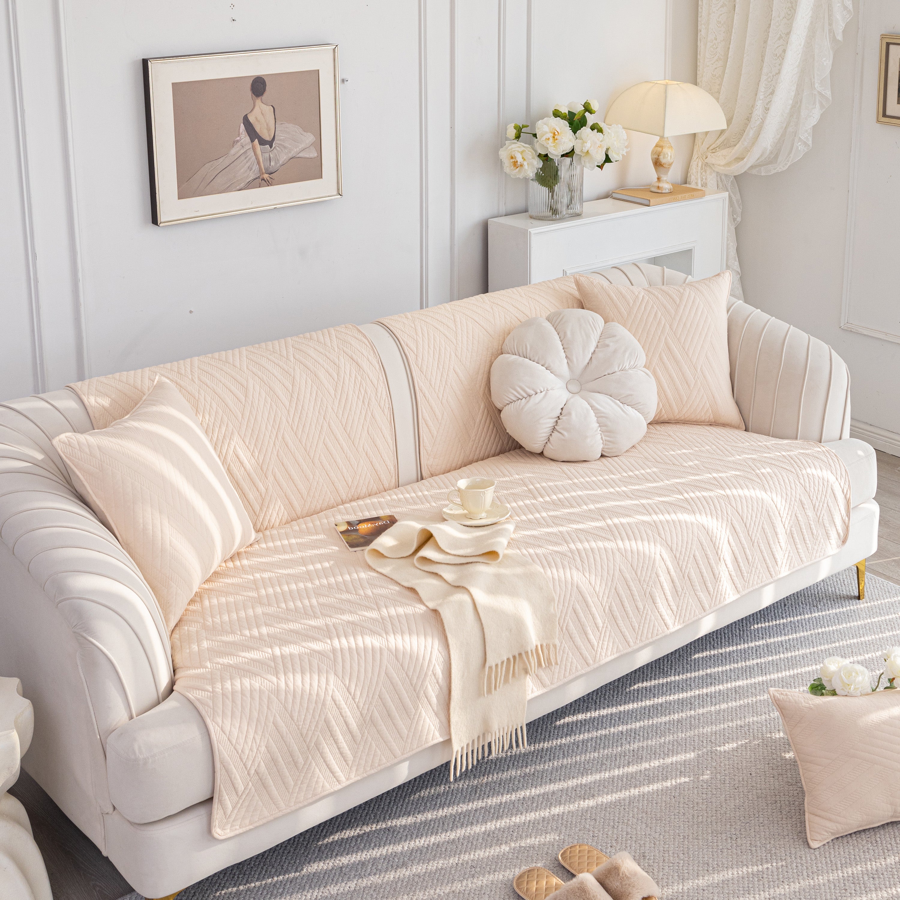 Quilted Geometric Cotton Sofa Cover, Non-slip & Thick Padded Furniture Covers