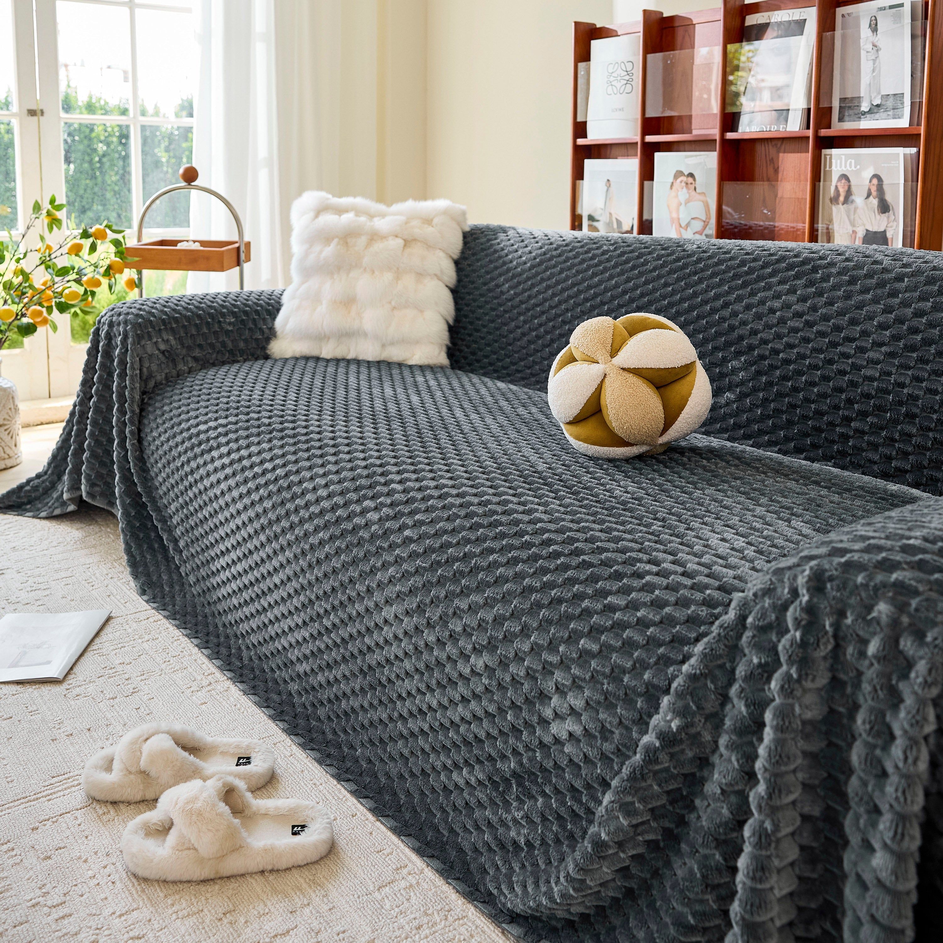 Thick Plush Non-slip Sofa Throw Cover, Warm Soft Faux Fur Couch Protector For Winter