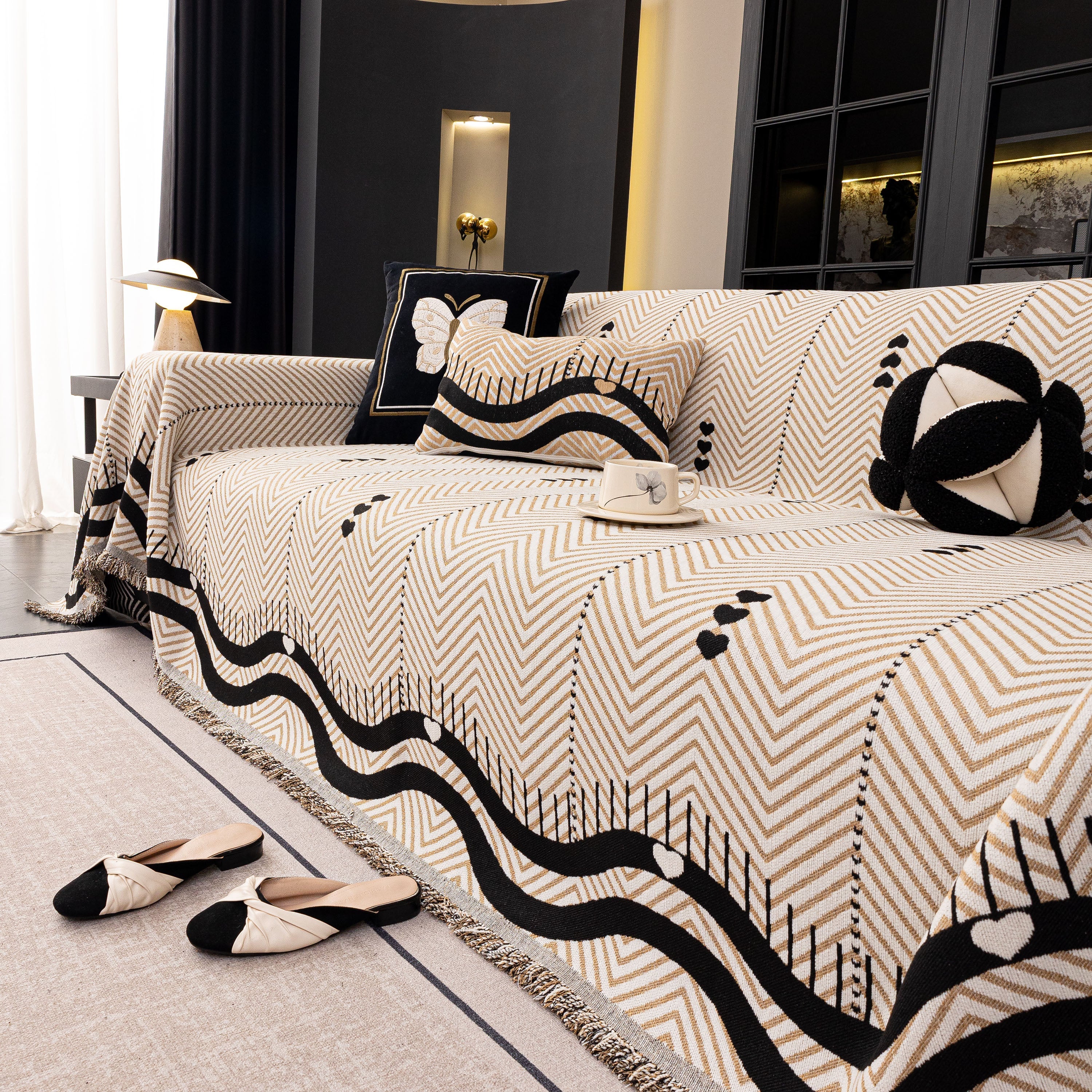 Chenille Sofa Throw Cover, Textured Chevron Decorative Couch Blanket For Living Room