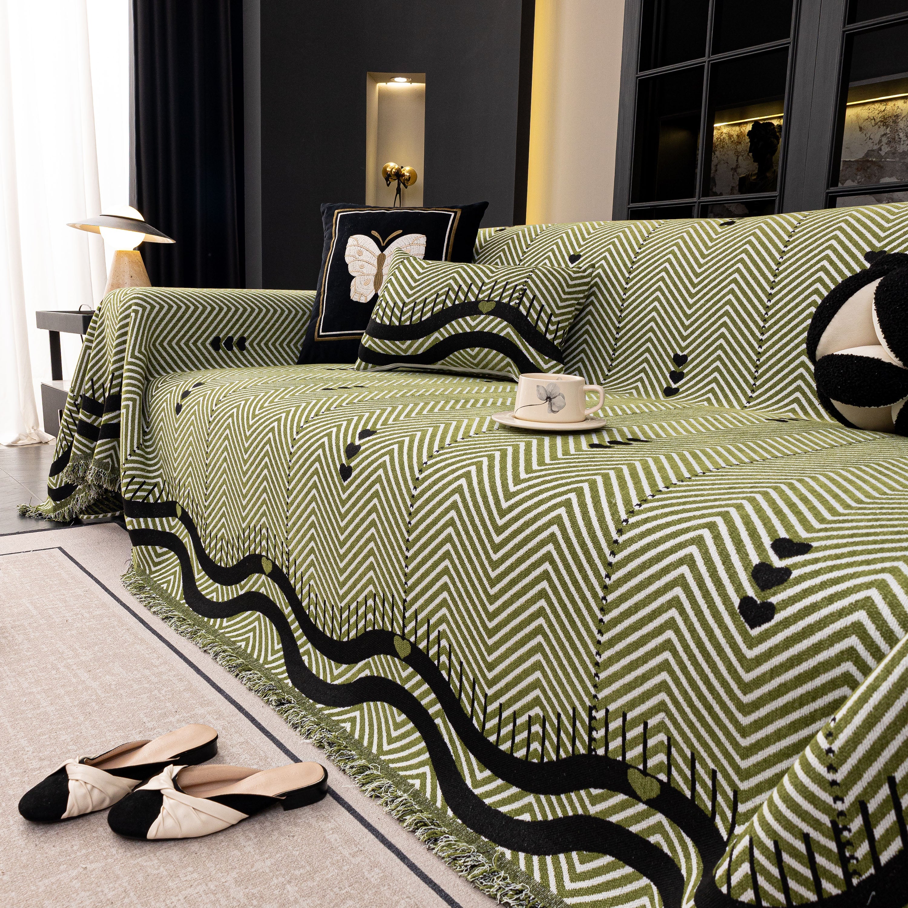 Chenille Sofa Throw Cover, Textured Chevron Decorative Couch Blanket For Living Room